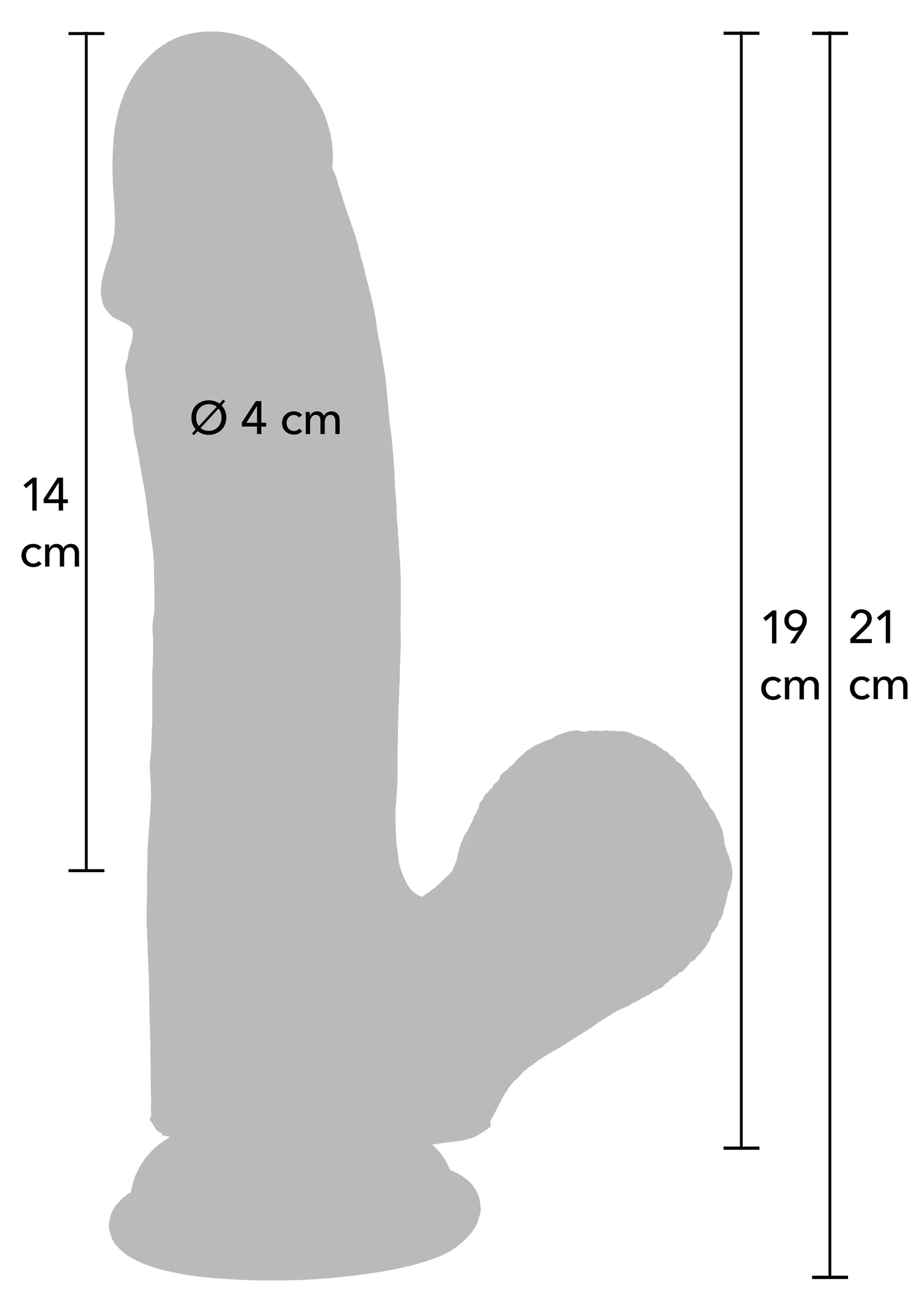 Grijze realistische siliconen dildo in zijaanzicht, 19 cm lengte.