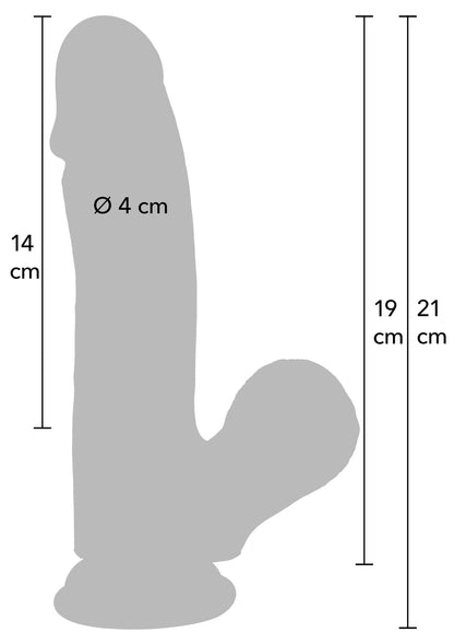 Grijze realistische siliconen dildo in zijaanzicht, 19 cm lengte.