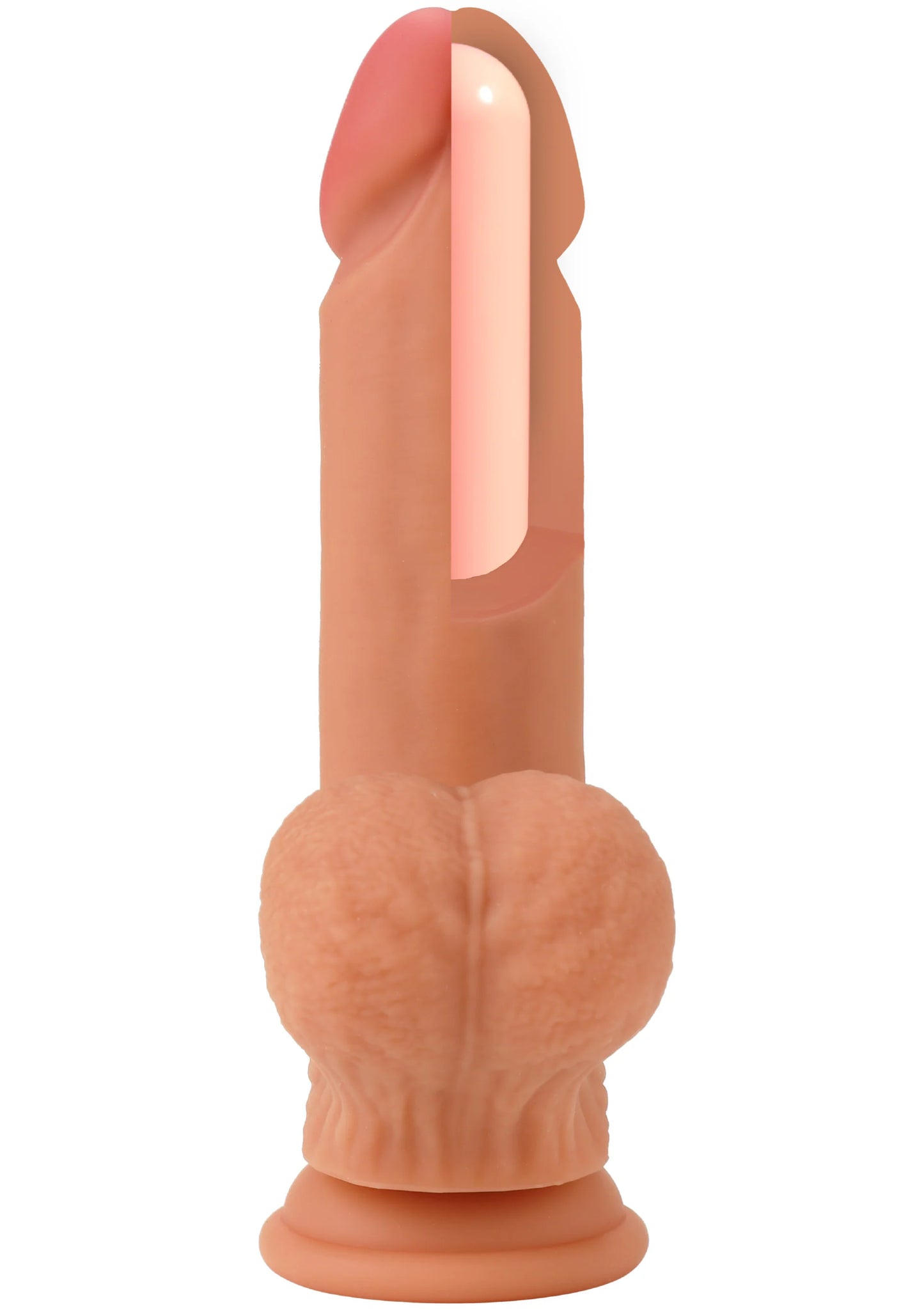 Roze realistische siliconen dildo met zichtbare insteekopening en ronde voet.