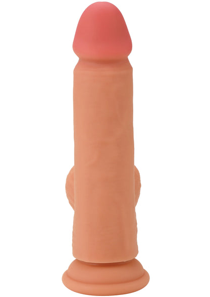 Roze realistische siliconen dildo met smalle schacht en ronde voet.
