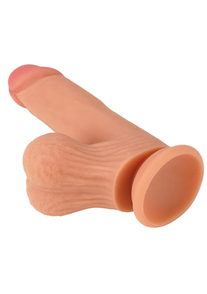 Roze realistische siliconen dildo: close-up van holle top en textuur.
