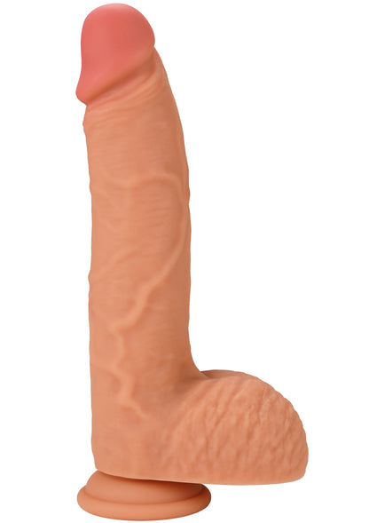 Realistische dildo van liquid silicone, roze-oranje, met ronde voet.