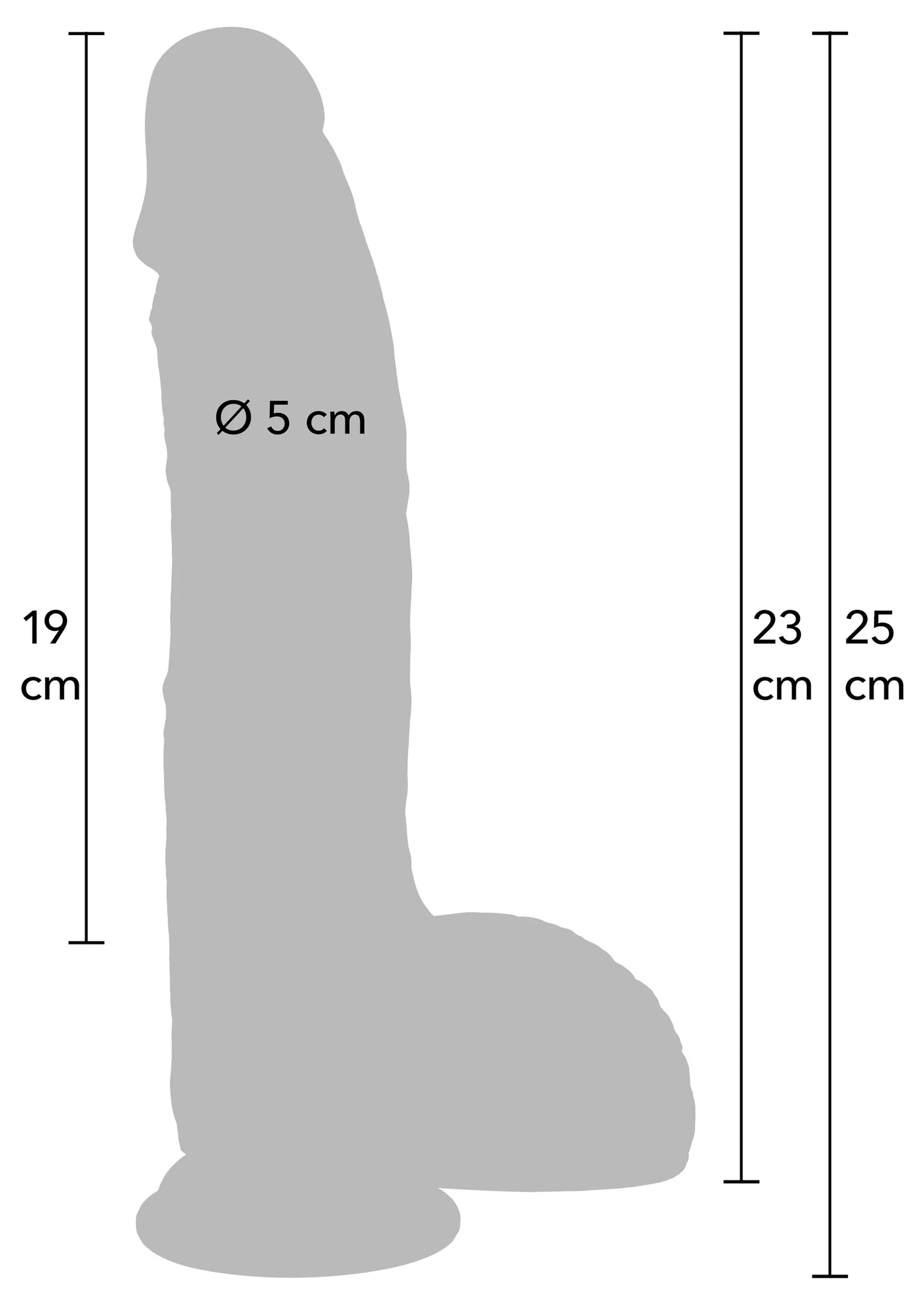 Realistische dildo van liquid silicone, lichtgrijs, 23 cm lang.
