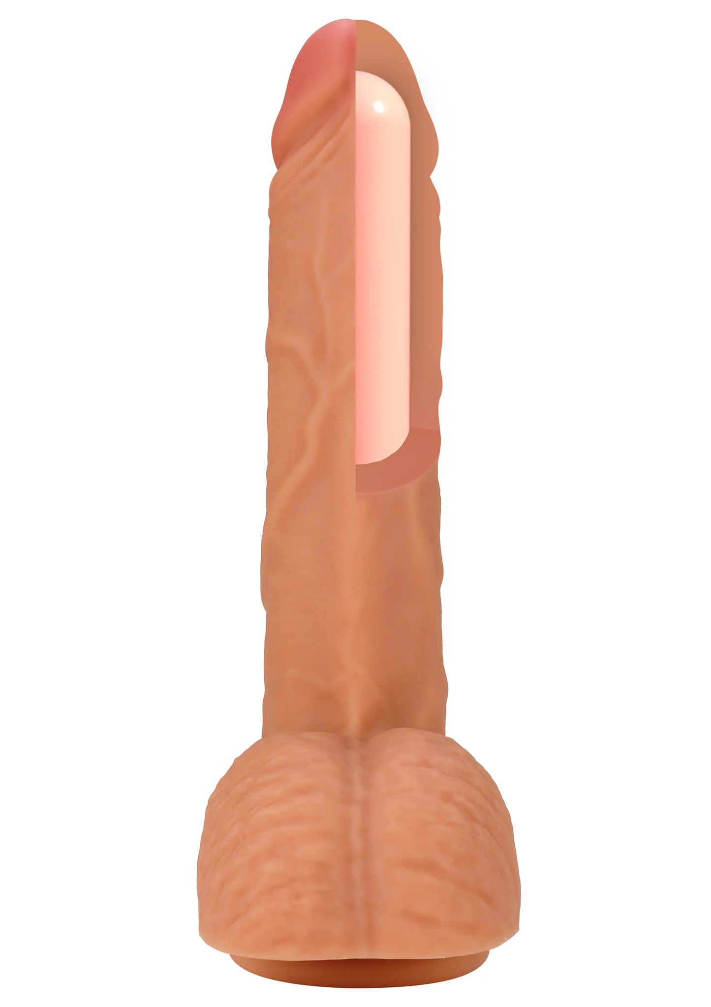 Realistische dildo van liquid silicone, roze-oranje, staand model met brede basis.