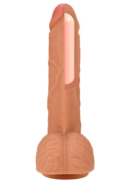 Realistische dildo van liquid silicone, roze-oranje, staand model met brede basis.