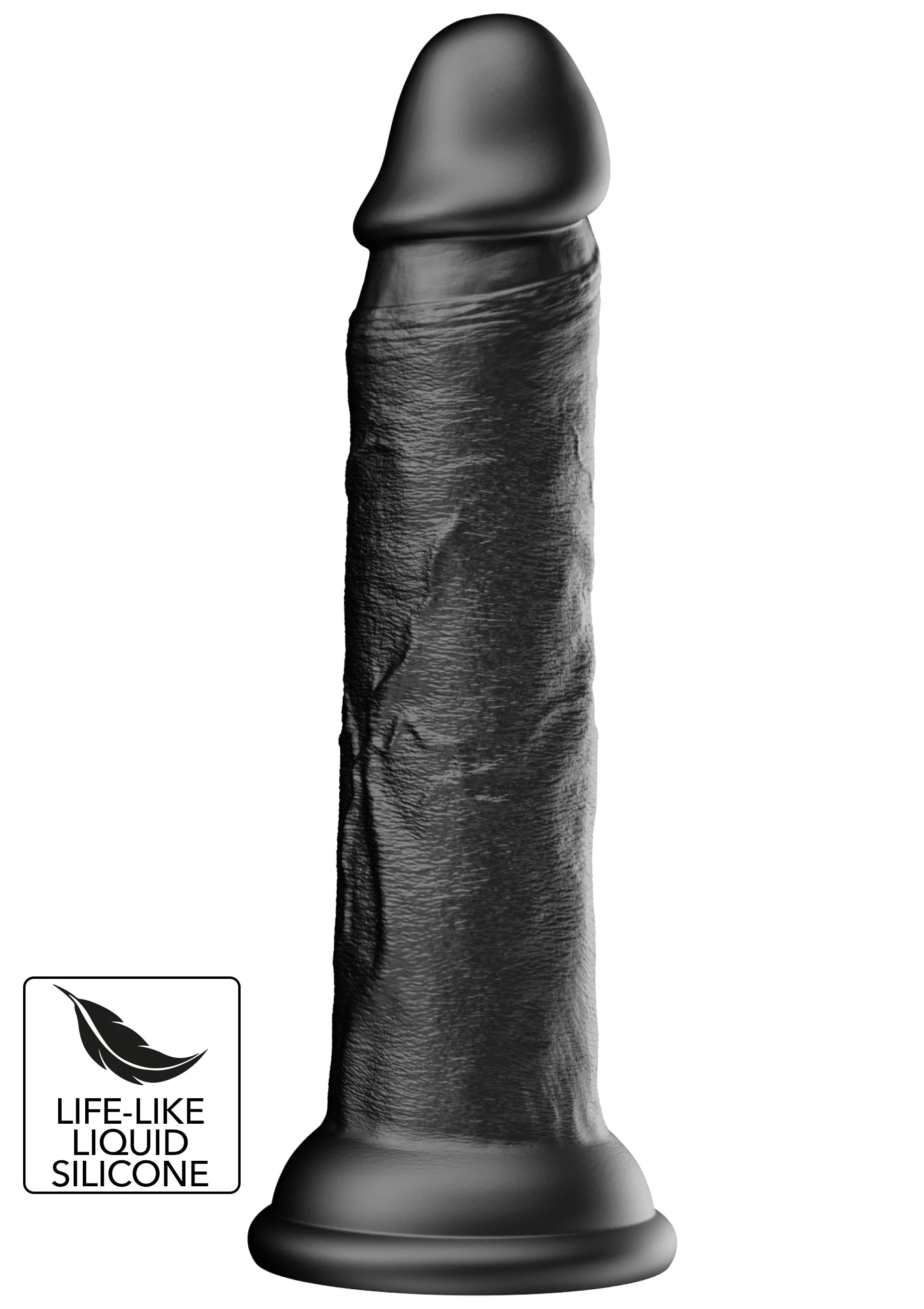 Zwarte vloeibare siliconen dildo met ronde basis en huidachtige structuur