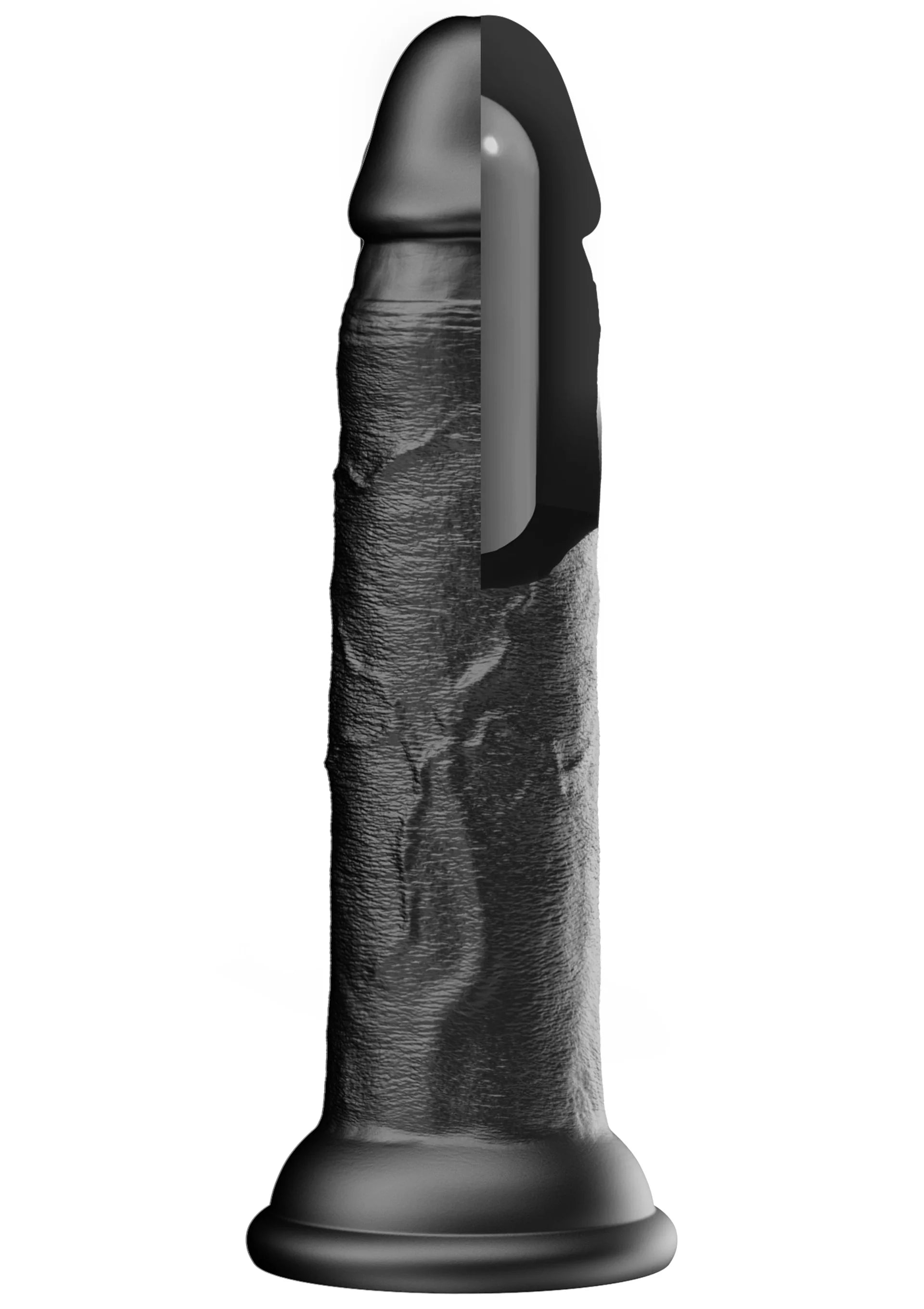 Zwarte siliconen dong met gebogen contour en brede voetbasis