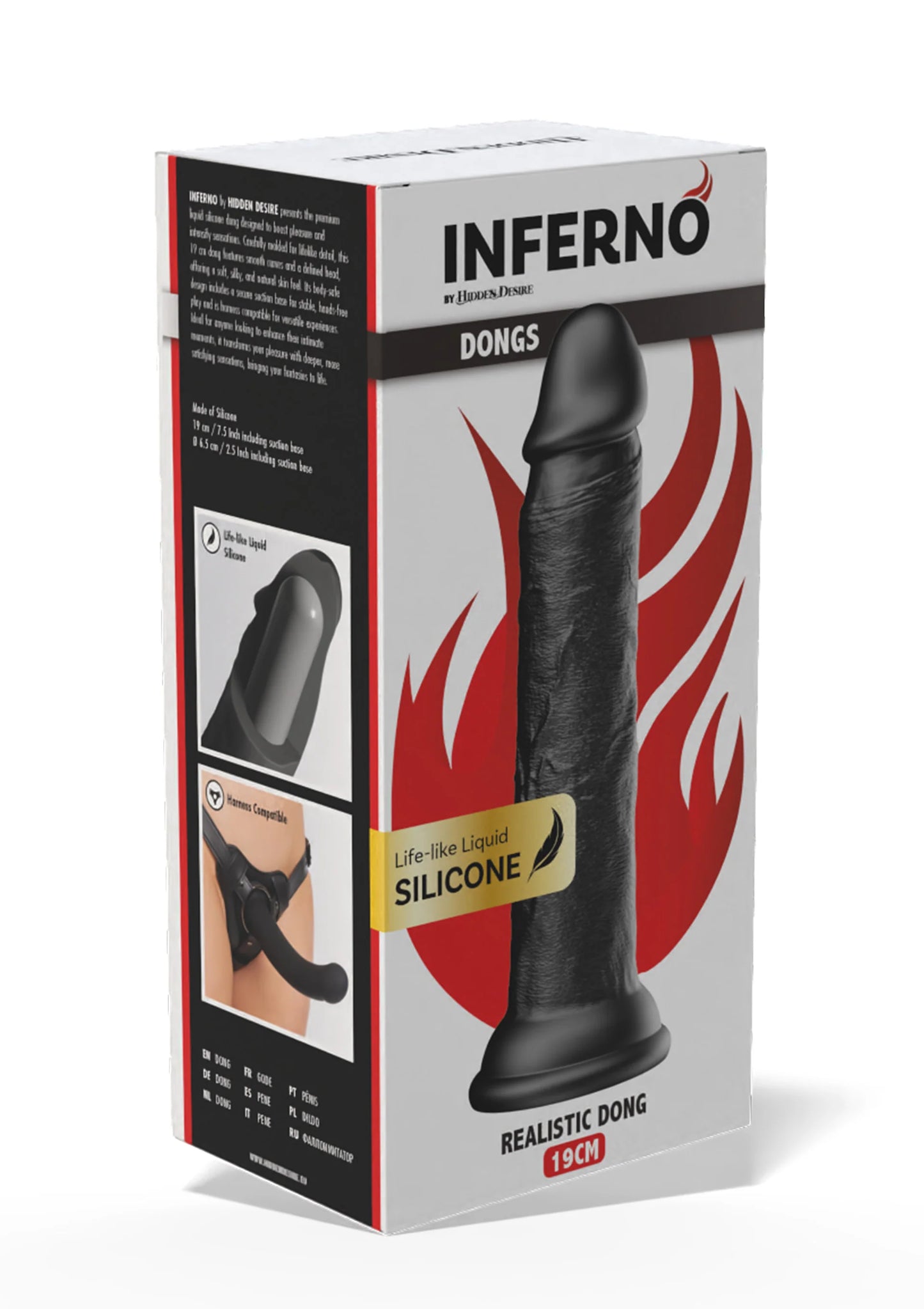 Realistische siliconen dildo in doosverpakking, zwart vormgegeven product met 19 cm vermelding.