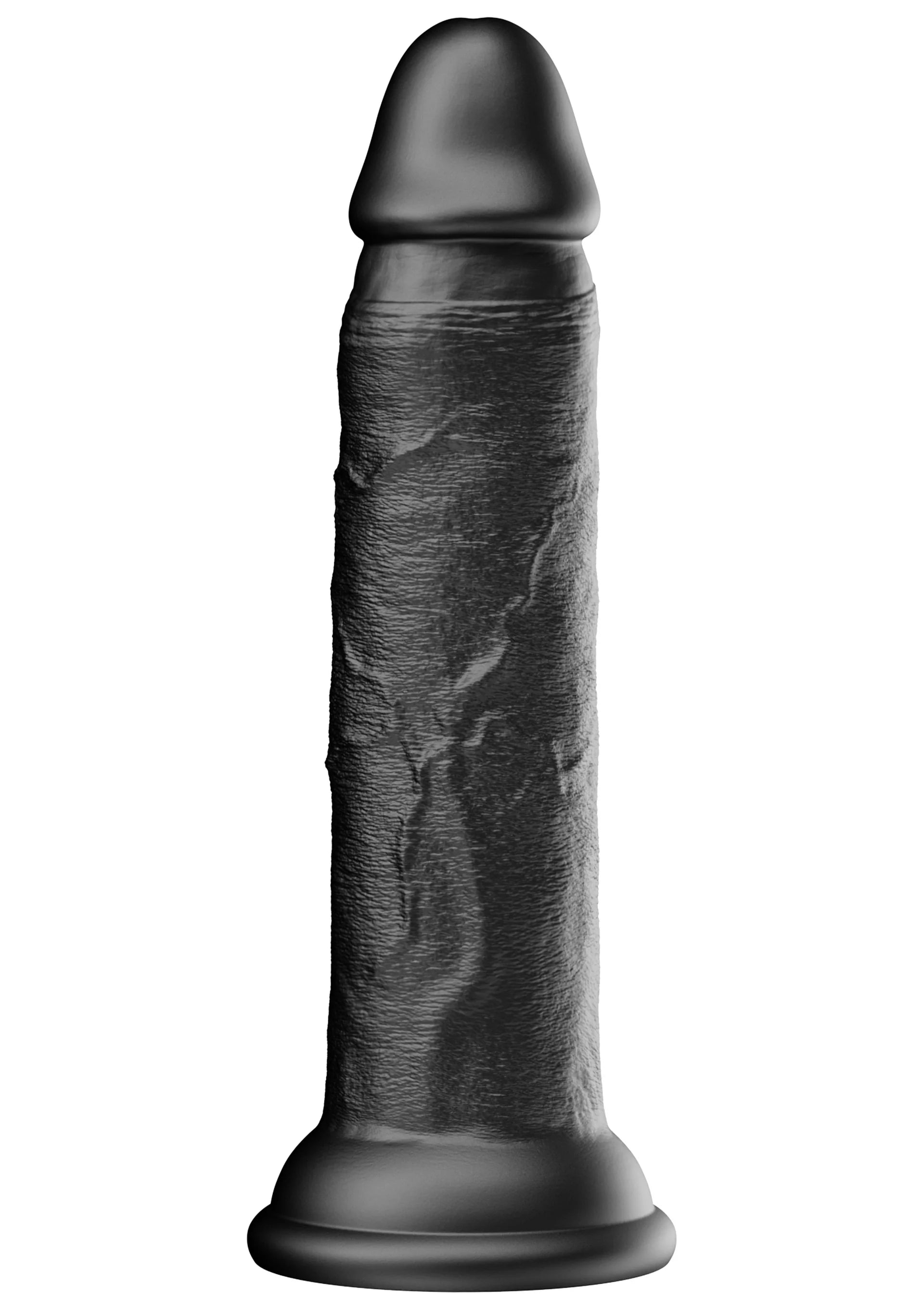 Zwarte realistische siliconen dildo, zijaanzicht met textuur en brede onderkant.