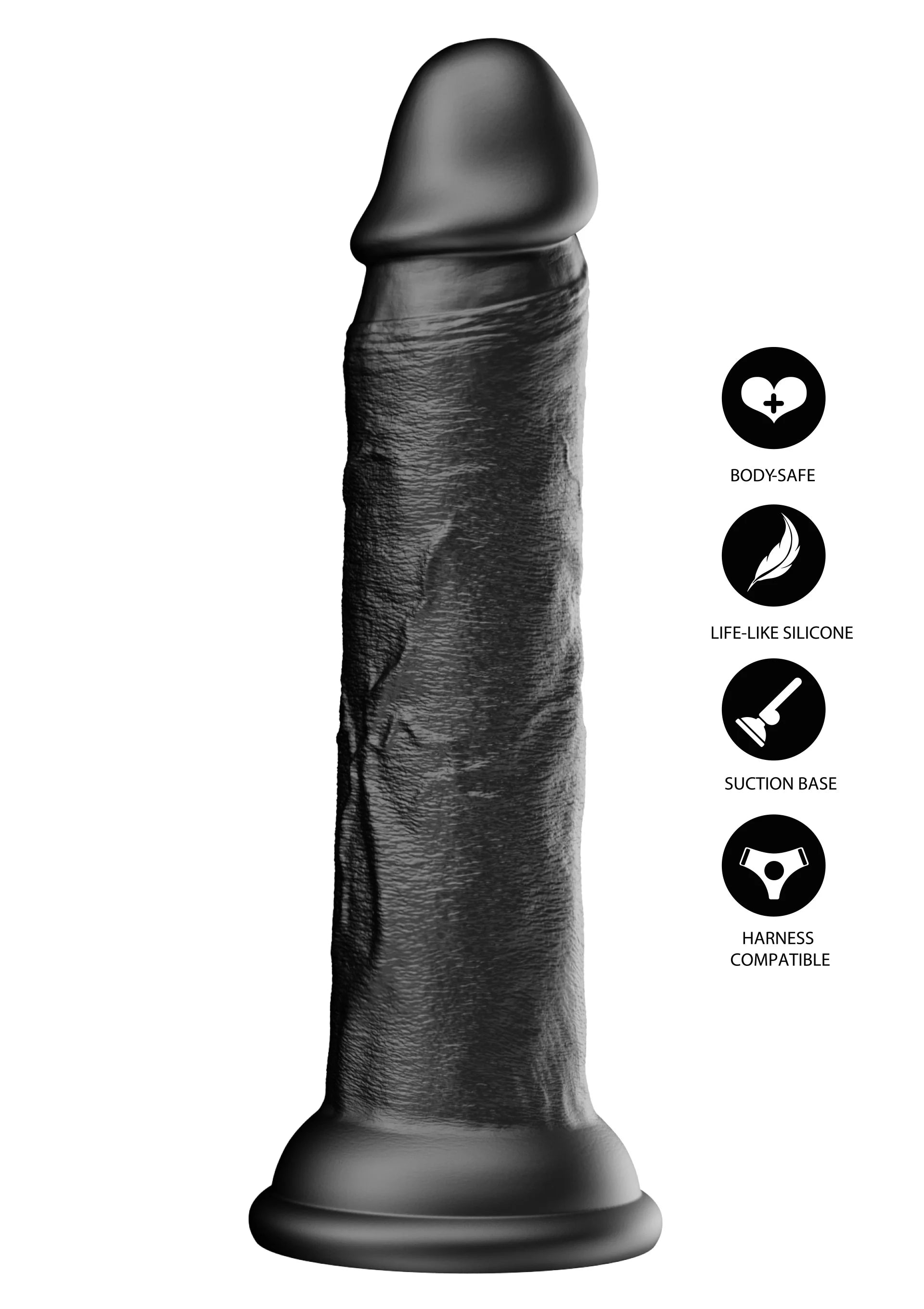 Zwarte realistische siliconen dildo met zuignapbasis en compatibel harnas.