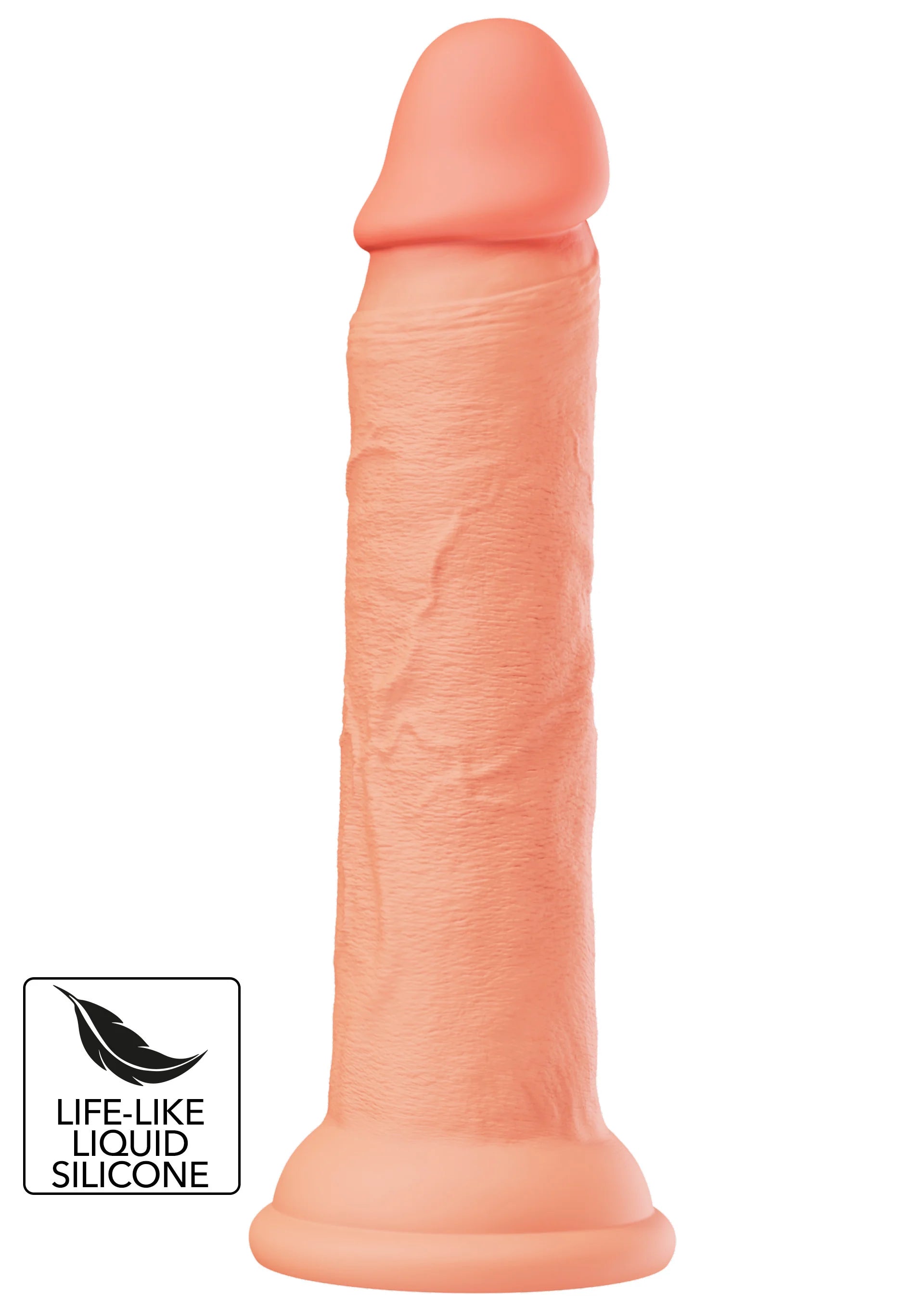 Realistische siliconen dildo in huidkleur, afgeronde kop en brede onderkant, ca. 19 cm.