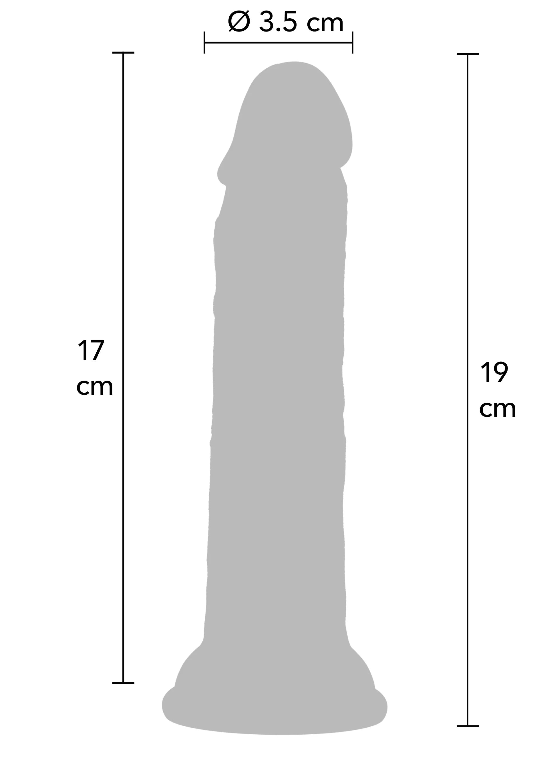 Kleurindicator: grijze siliconen dong met afmetingen 17 cm en Ø 3,5 cm, 19 cm