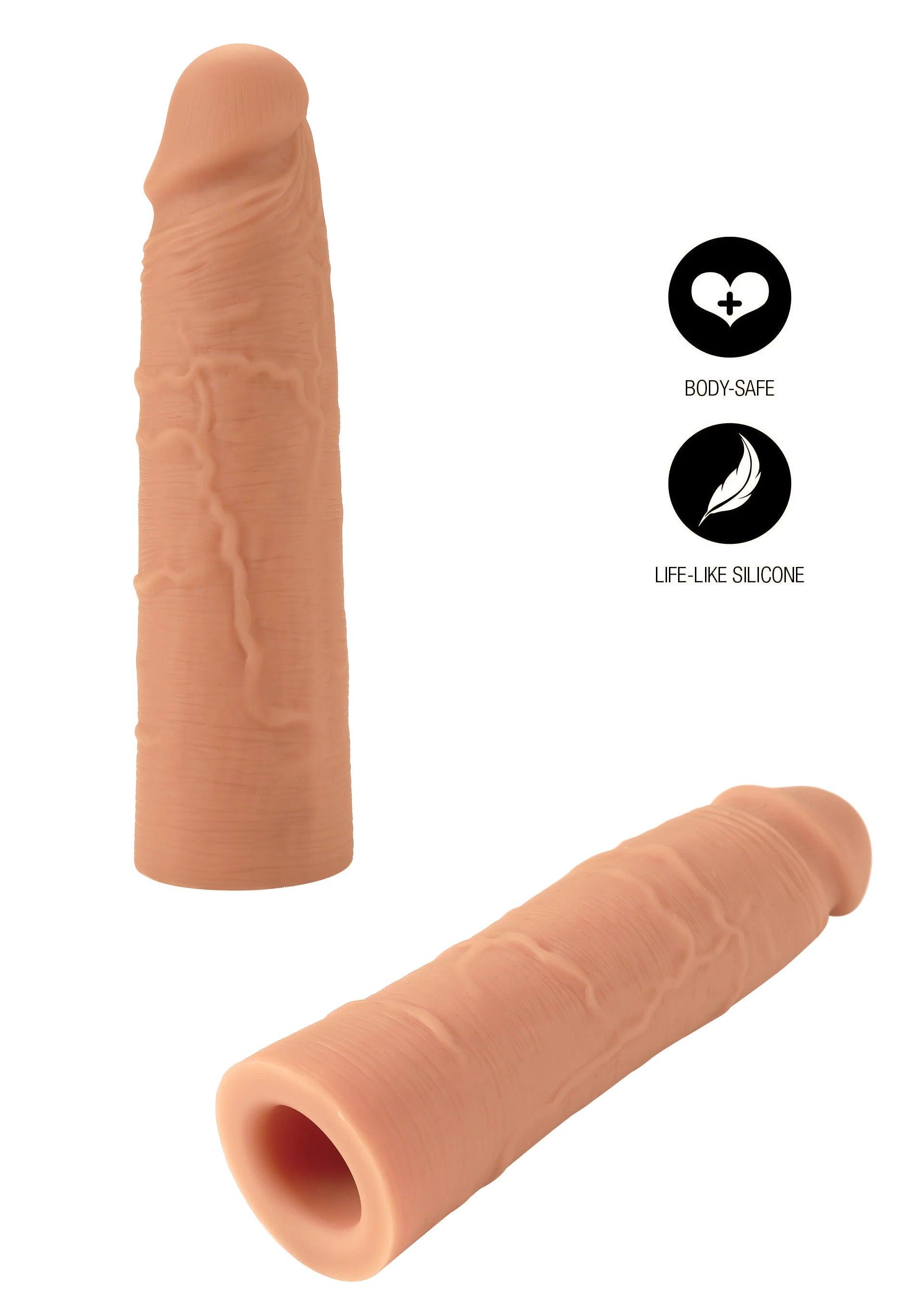 Penismouw van siliconen, huidkleurig, staand en liggend met open uiteinde