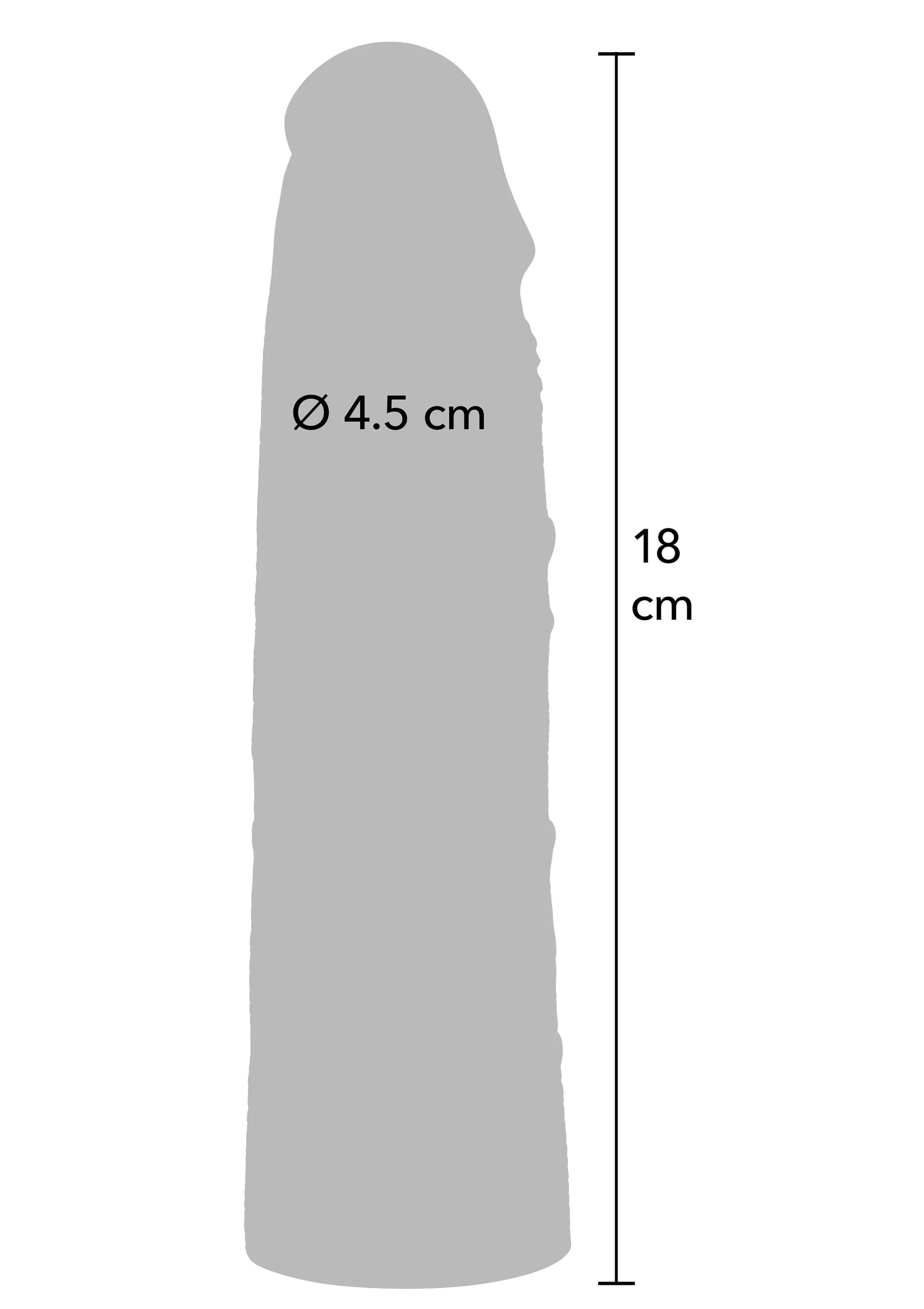 Penis-sleeve zijaanzicht maatindicatie: Ø 4,5 cm, 18 cm lang