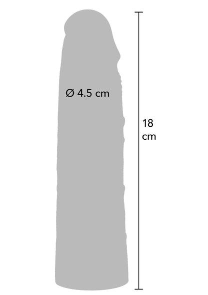 Penis-sleeve zijaanzicht maatindicatie: Ø 4,5 cm, 18 cm lang