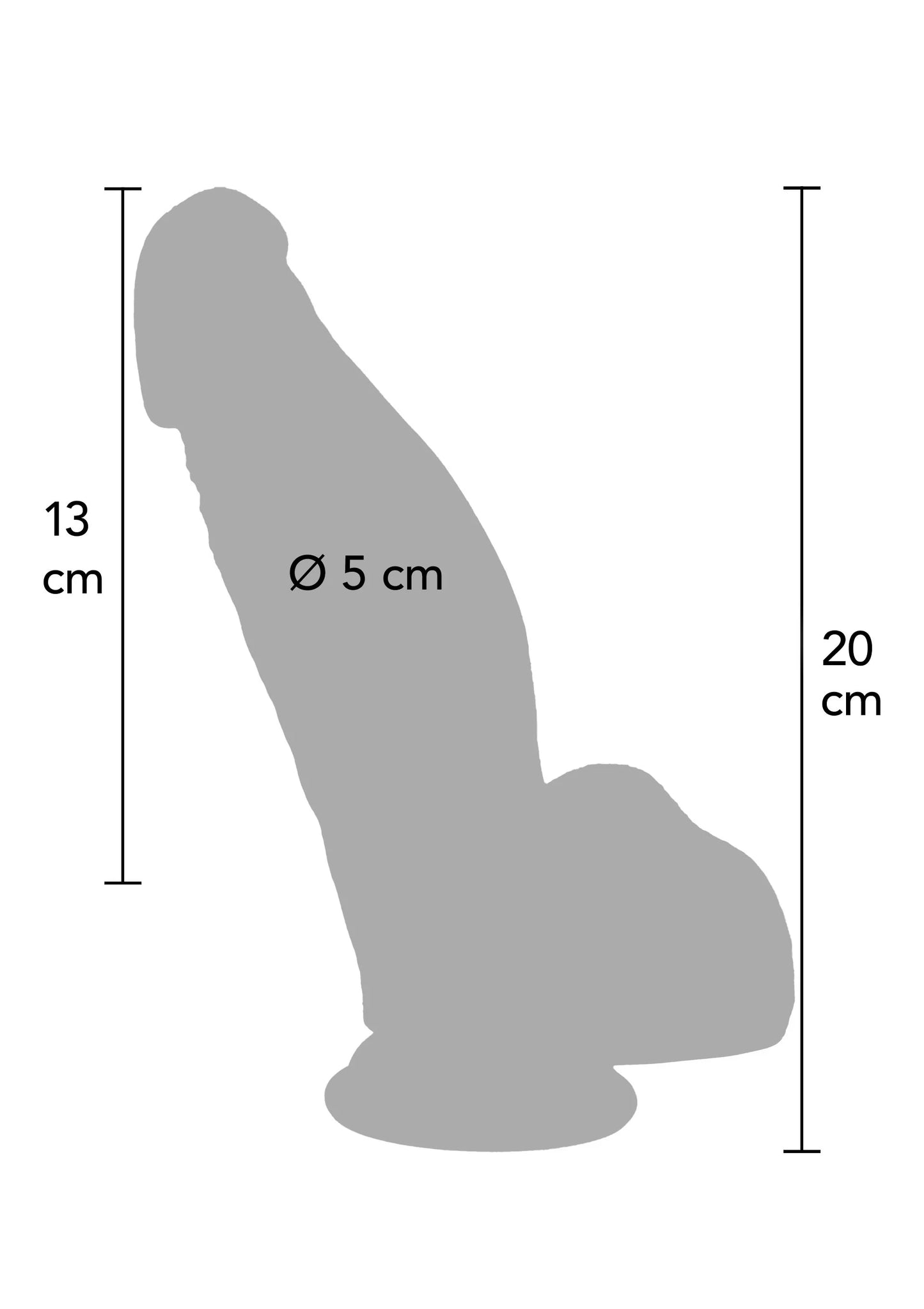 Afmetingen: 13 cm en 20 cm, Ø 5 cm (siliconen dildo silhouet)