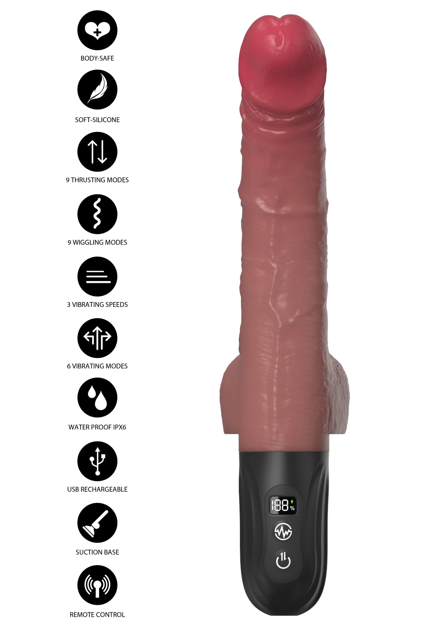 Rode vibrator met zwarte handgreep en pictogrammen voor modi, snelheden en waterdichtheid