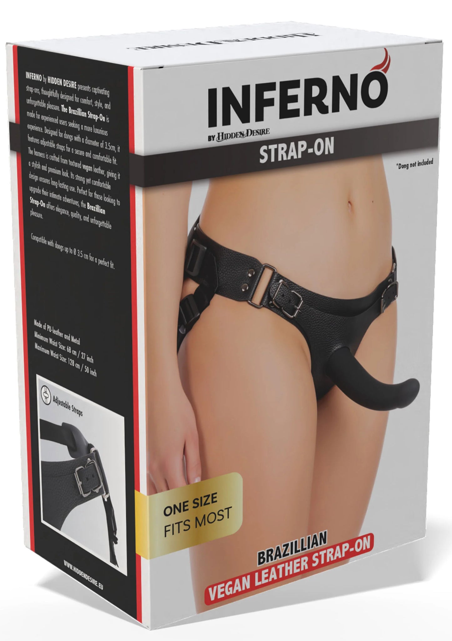 Verpakking Inferno strap-on met vegan leather look, zwart en verstelbare riemen.
