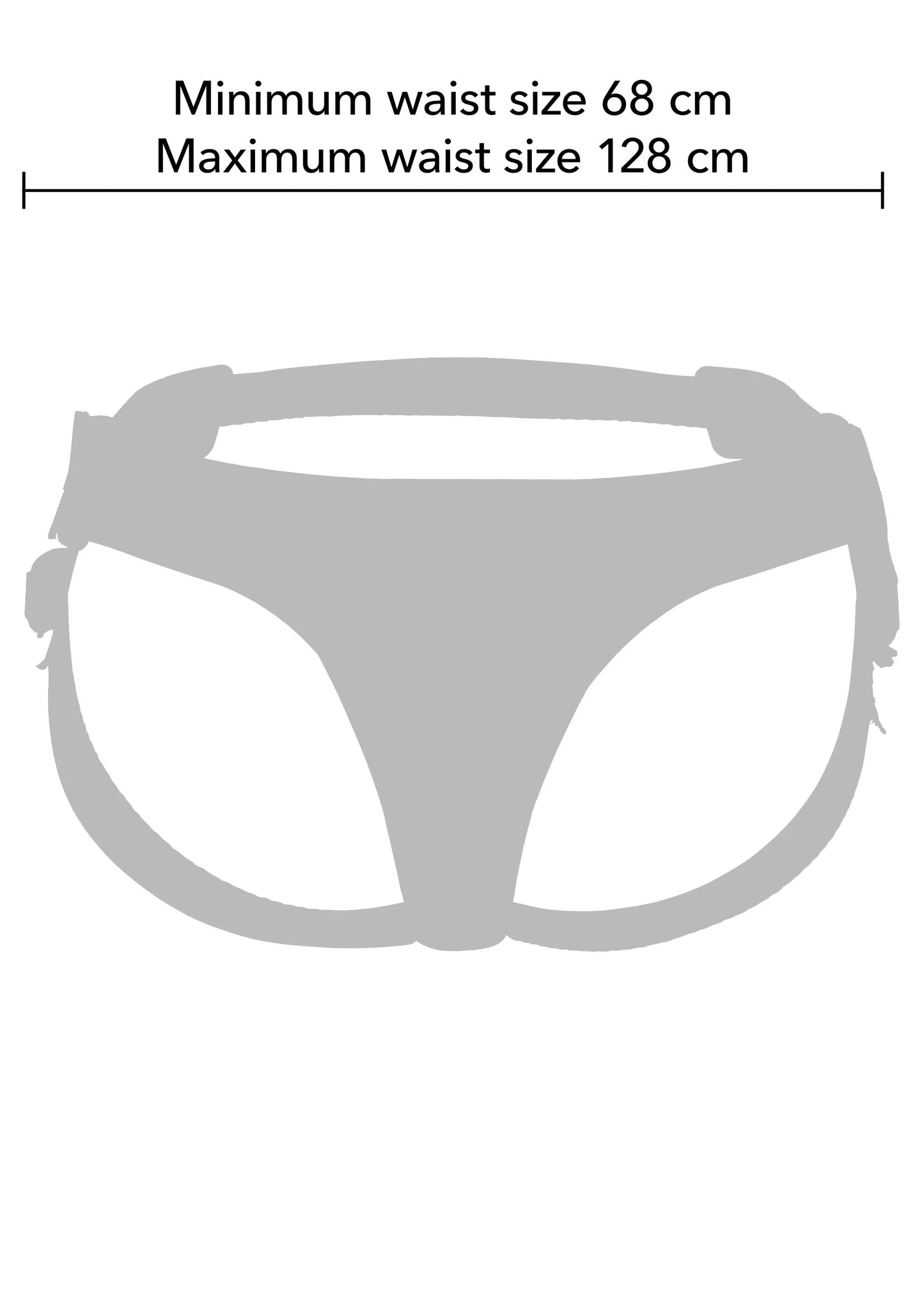Maattabel met taillemaat 68–128 cm voor strap-on harnas.