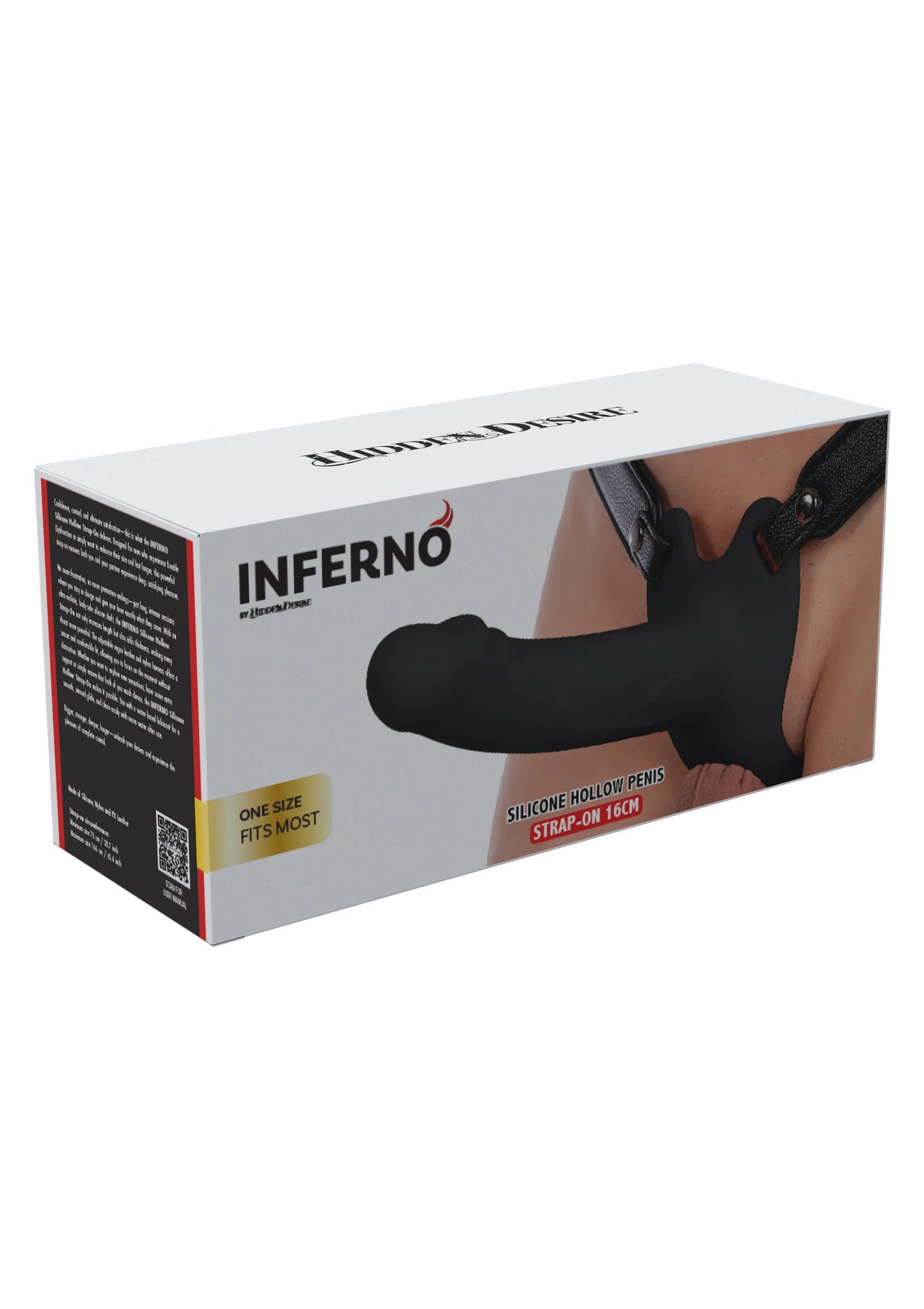 INFERNO verpakking van holle penisstrap 16 cm met siliconen inzet en riem