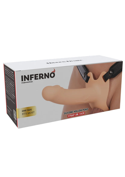 Doos met Inferno holle penisstrap 16 cm, siliconen inzet en riemsluiting