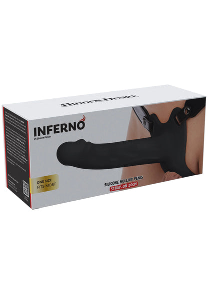 Doos met zwarte Inferno holle strapon en penisvormige inzet