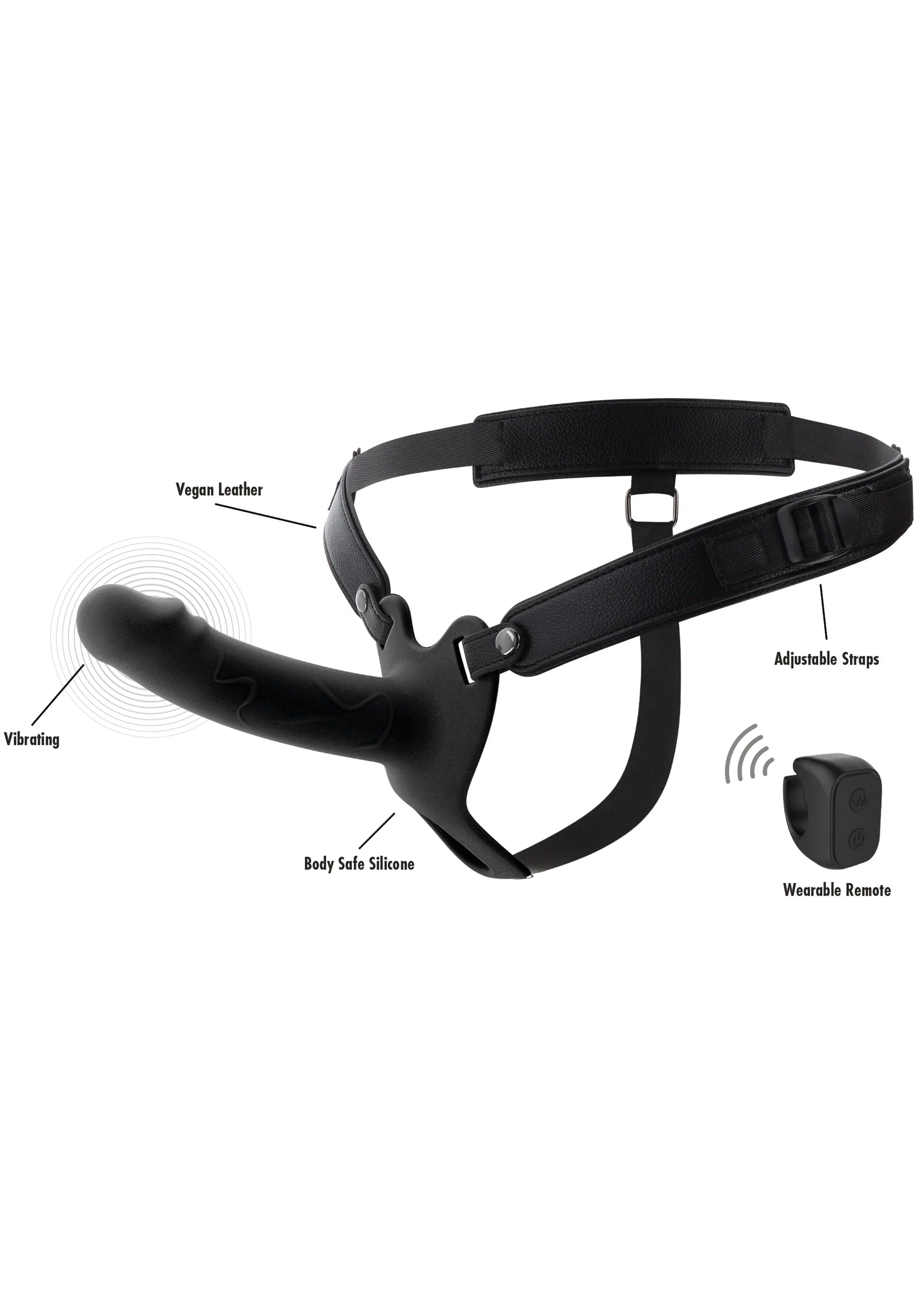 Zwarte harness met holle siliconen penisprothese en afstandsbedieningsmodule