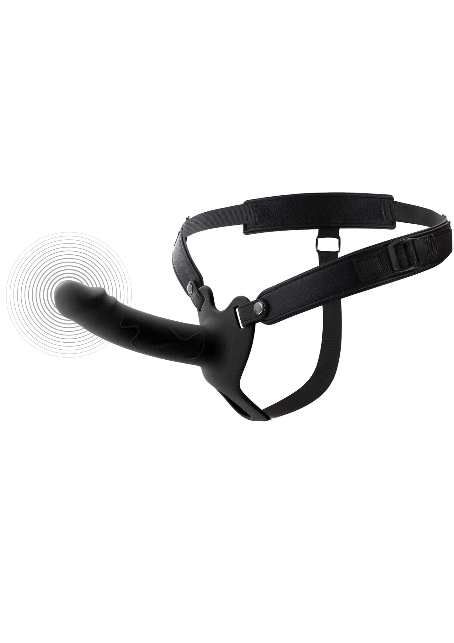 Zwarte harness met holle siliconen penisprothese en verstelbare bandjes