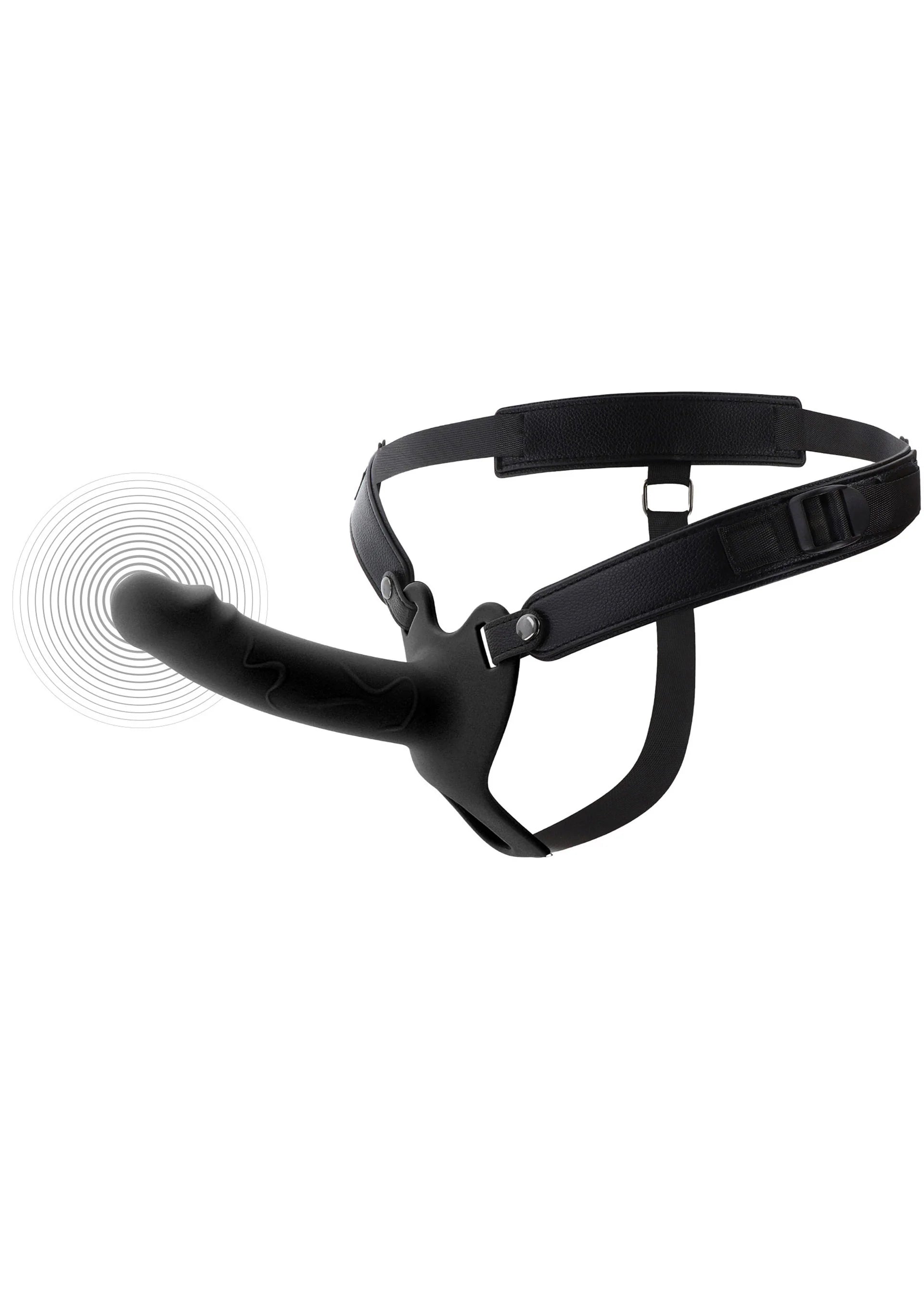 Zwarte harness met holle siliconen penisprothese en verstelbare bandjes