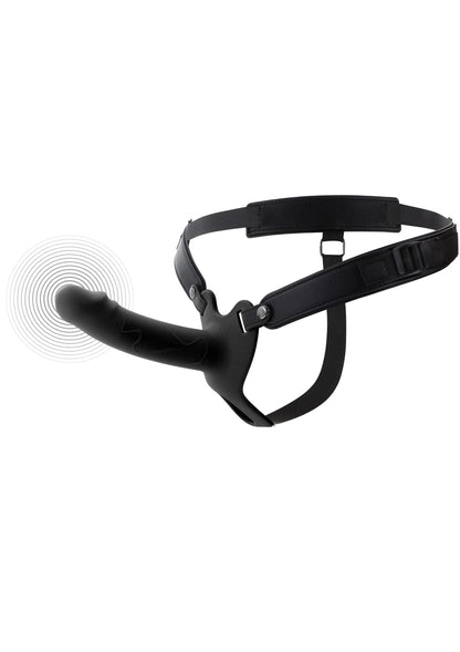 Zwarte harness met holle siliconen penisprothese en verstelbare bandjes