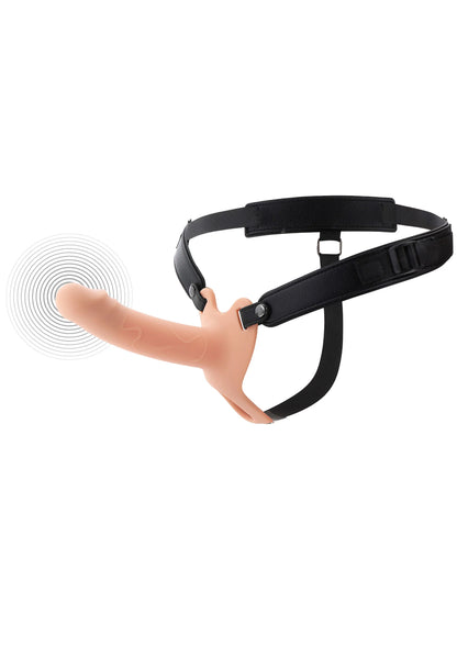 Zwarte strap met holle siliconen dildo, open uiteinde en vibratie