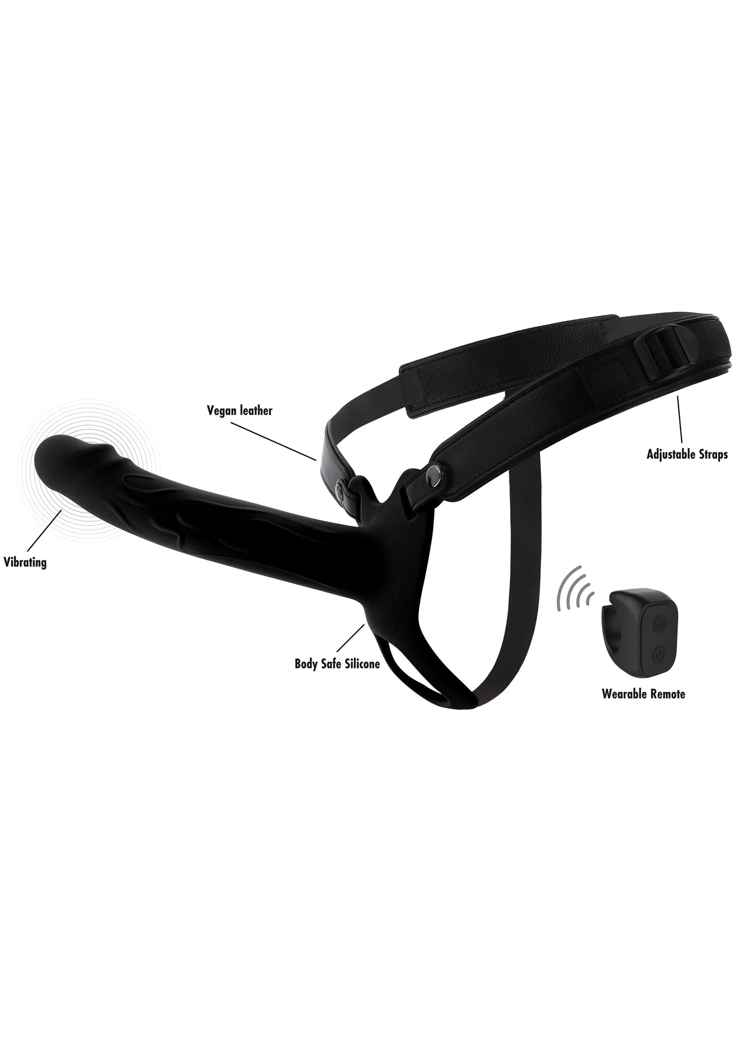 Zwarte strap-on vibrator met draagriem en bedieningsmodule