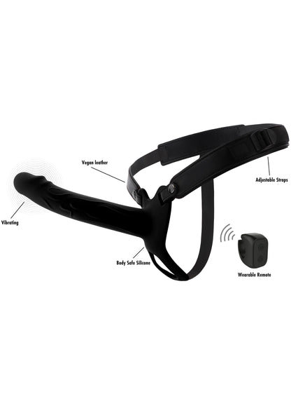 Zwarte strap-on vibrator met draagriem en bedieningsmodule