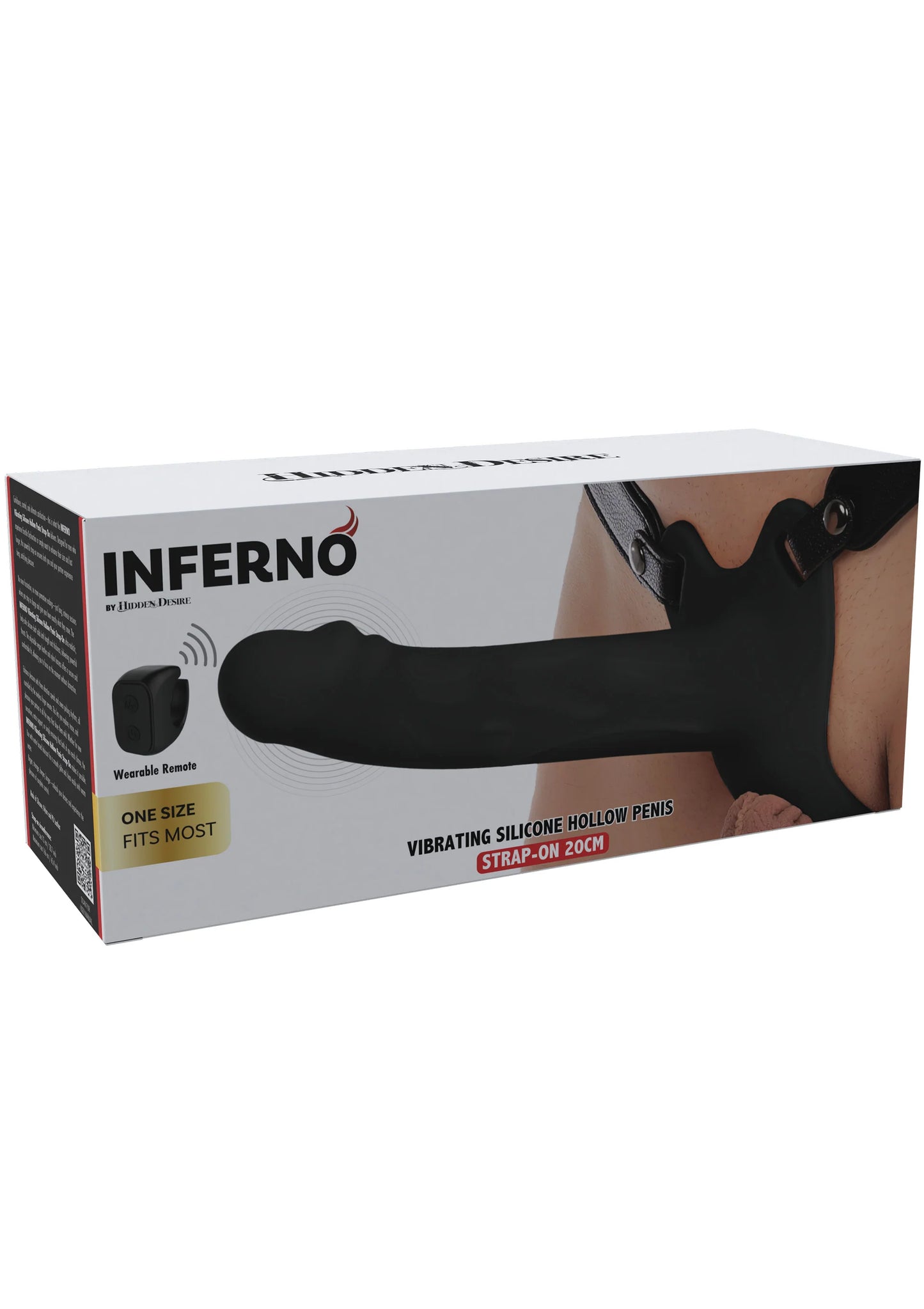 INFERNO verpakking: zwarte vibrerende siliconen strap-on, 20 cm