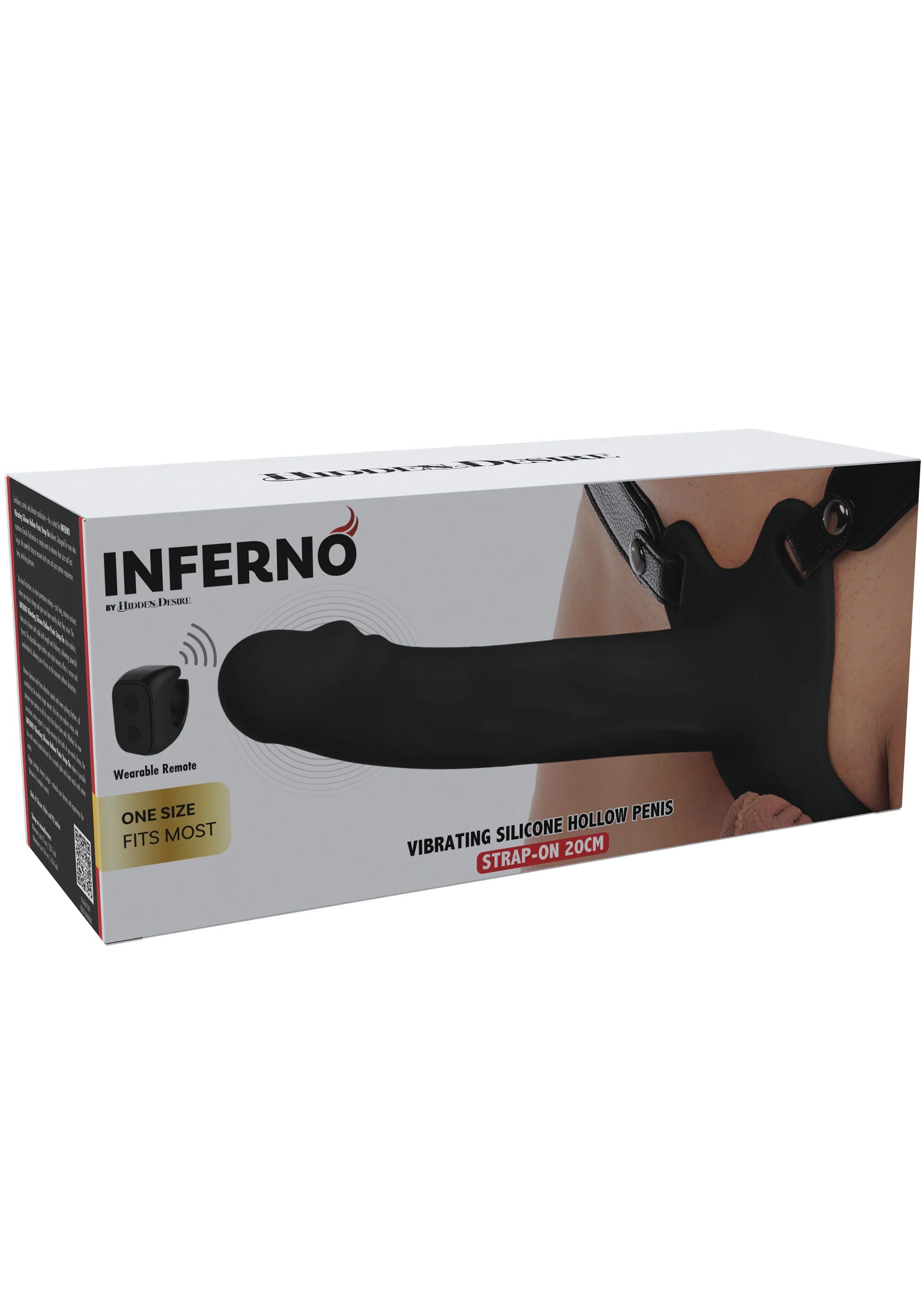 INFERNO verpakking: zwarte vibrerende siliconen strap-on, 20 cm