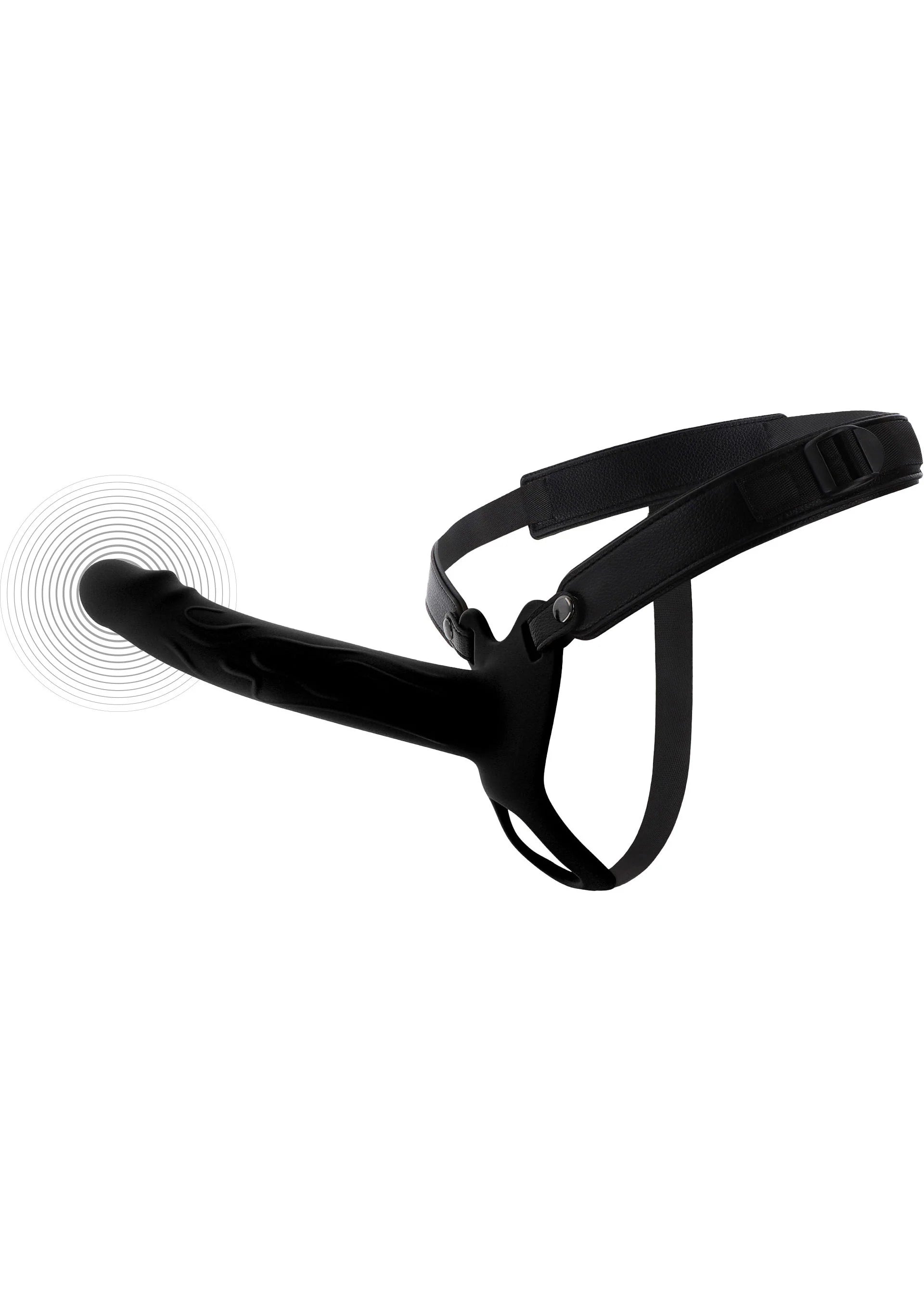 Zwarte strap-on vibrator met gebogen vorm en verstelbare draagriem