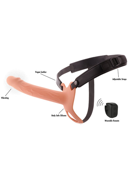 Beige strap-on vibrator met zwarte riem en geïntegreerde afstandsbediening