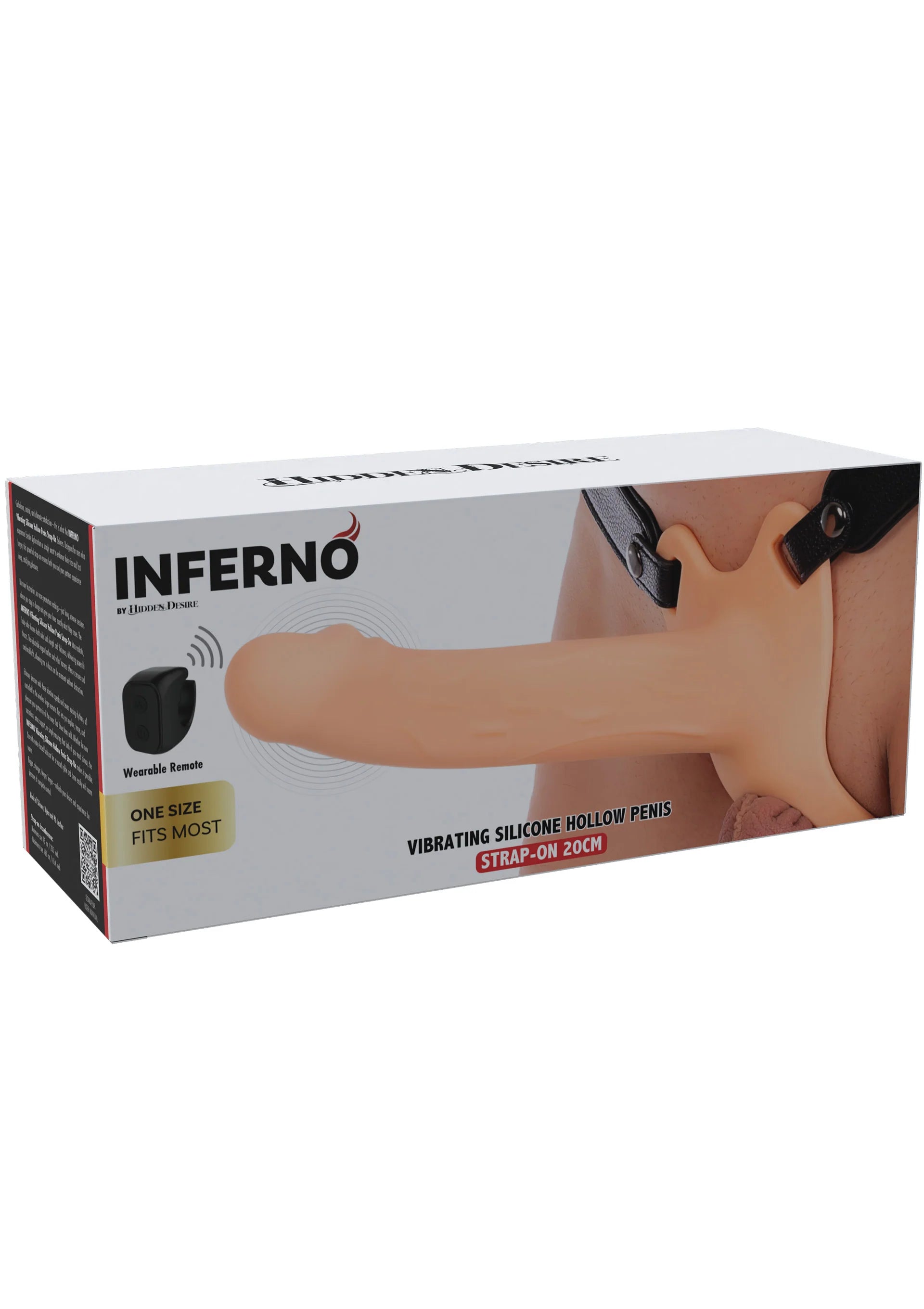 Verpakte INFERNO strap-on vibrator met afstandsbediening en 20 cm hol uiteinde