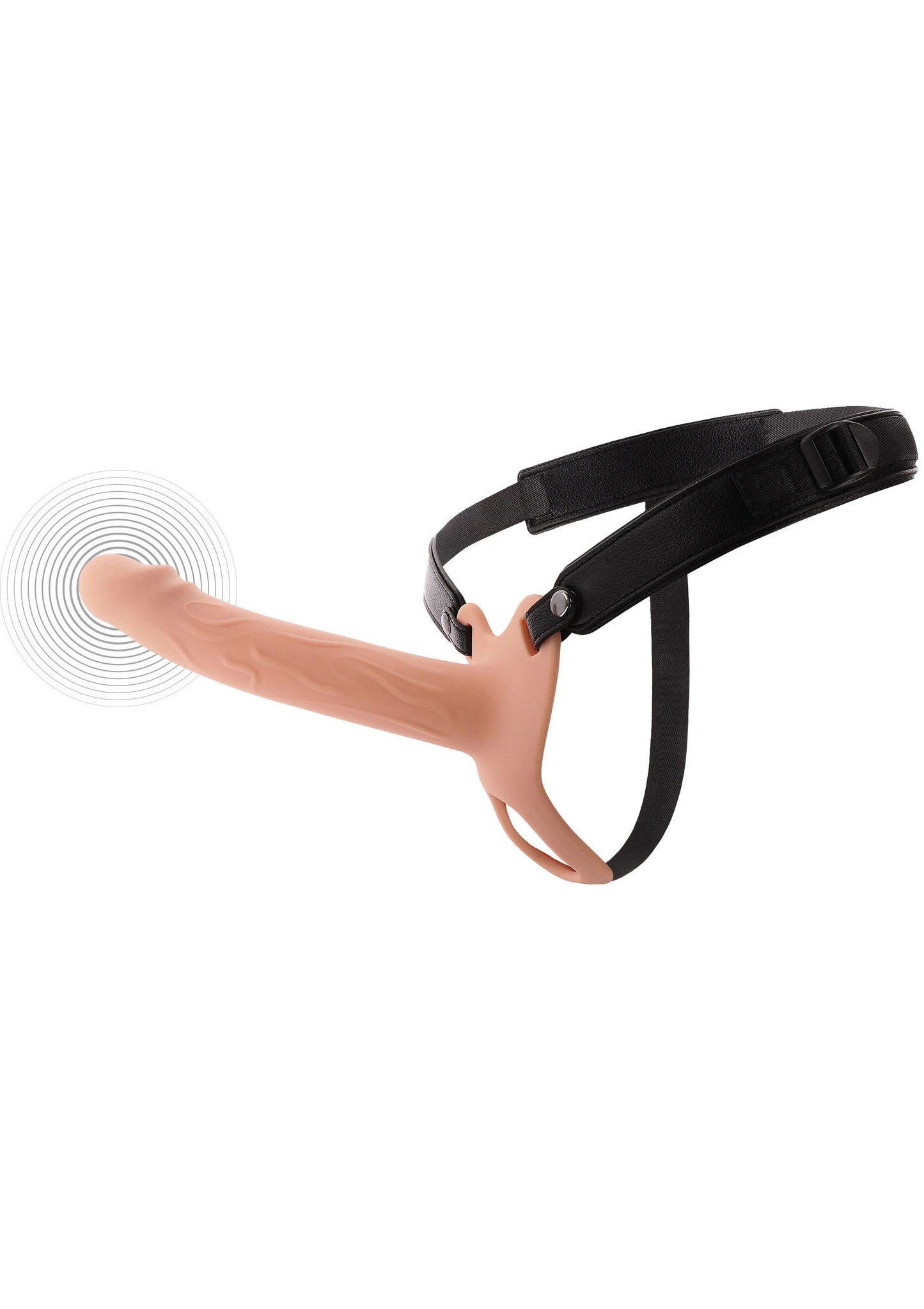 Beige siliconen strap-on vibrator met zwarte riem, gebogen vorm