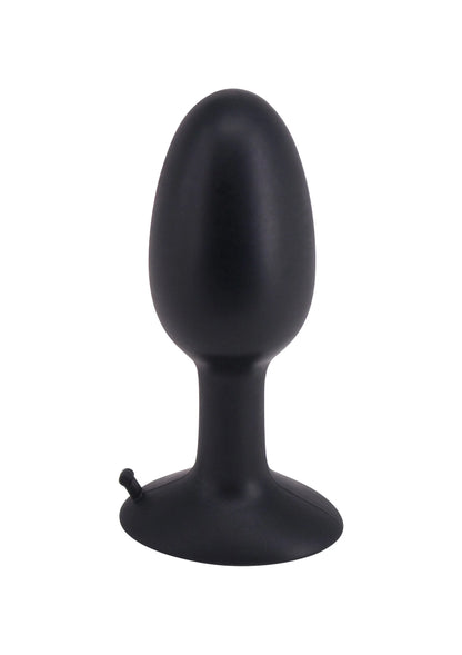 Zwarte anale plug met klein ringdetail en brede voet.