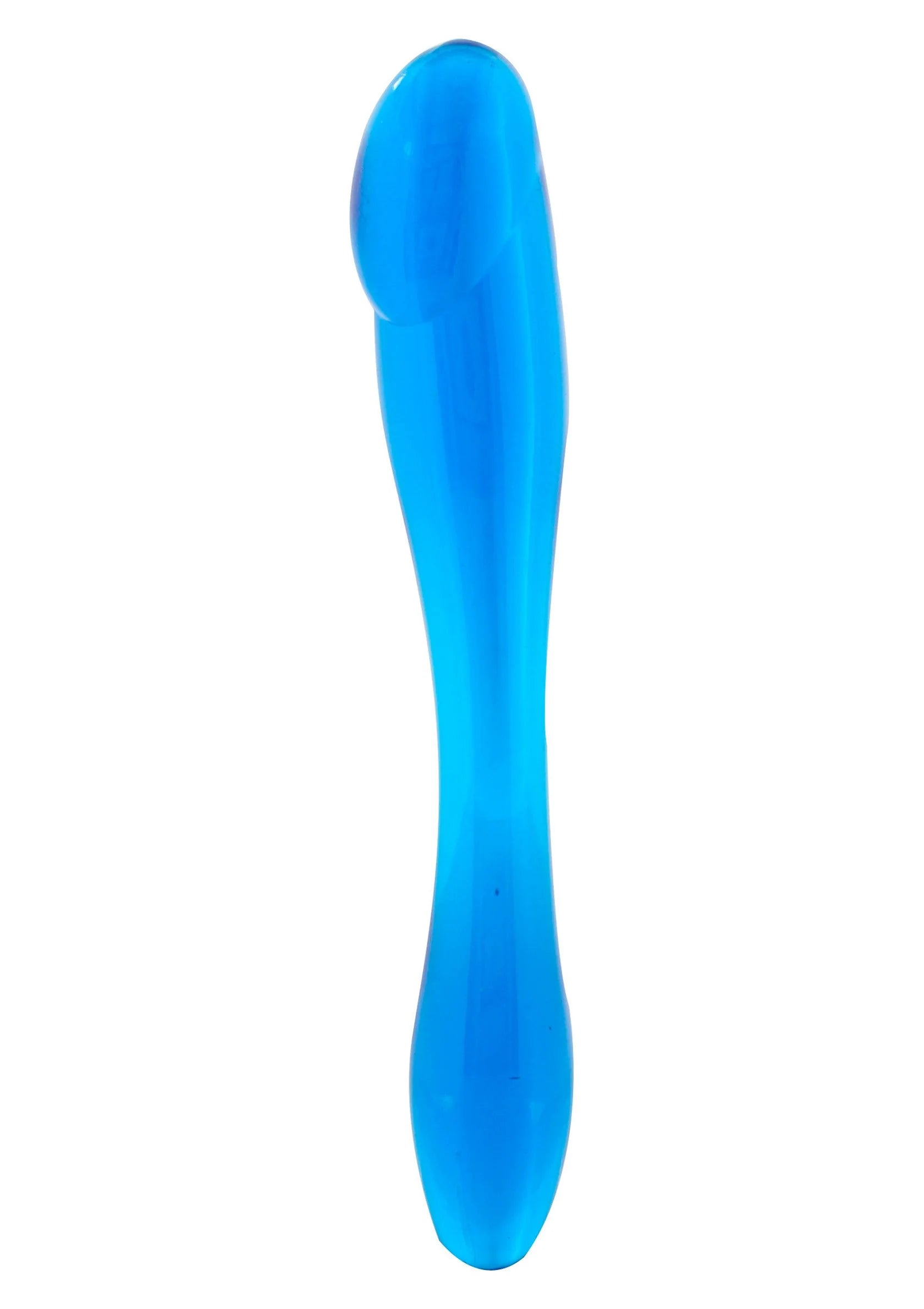 Blauwe probe-dildo met lange smalle vorm, glad oppervlak.