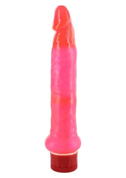 Anaal vibrerende dildo, felroze jelly, afgeronde top en brede geribde voet