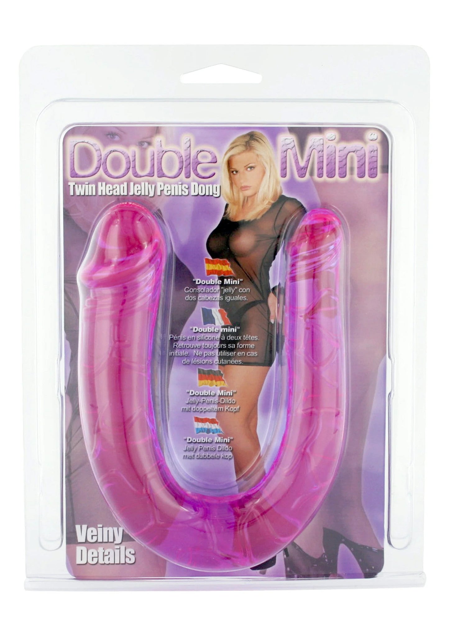 Roze dubbel mini dong verpakking met productafbeelding en tekstblokken.