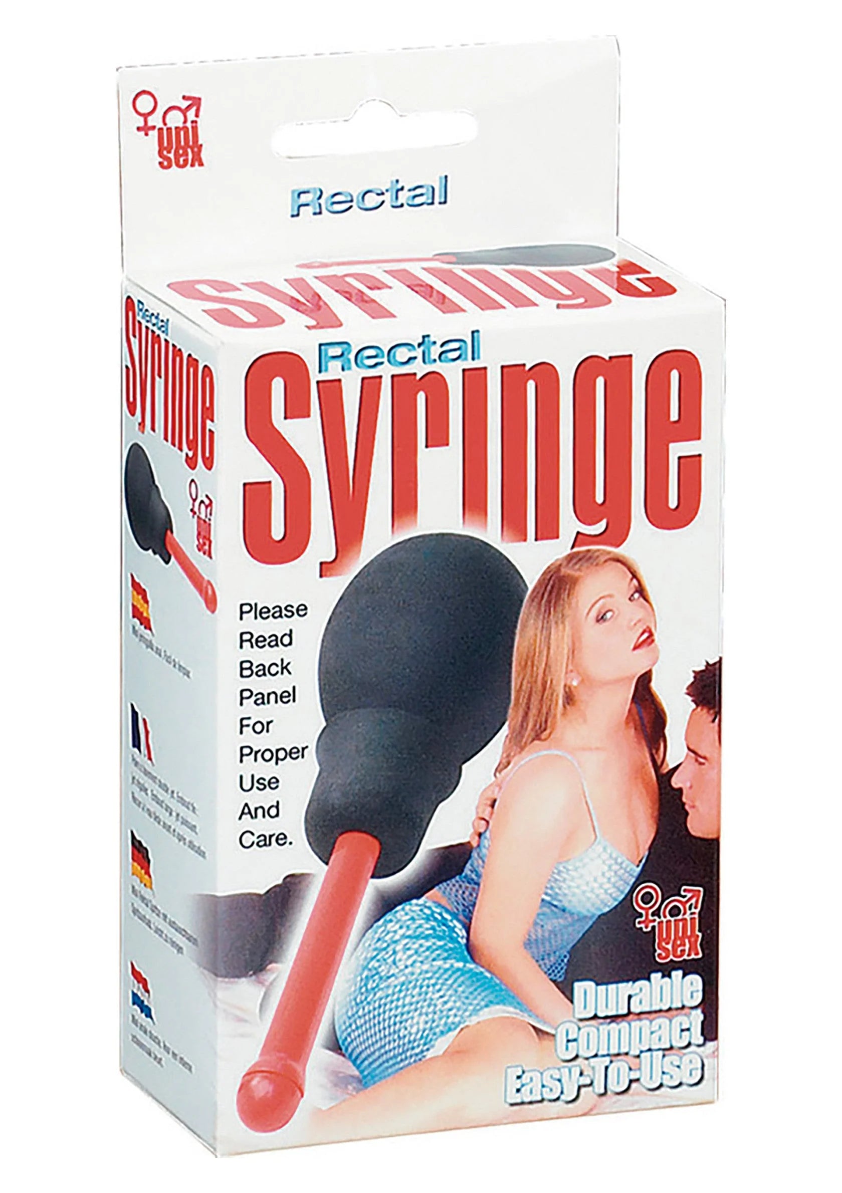 Verpakking van rectale spuit met vrouwelijk model en rode tekst