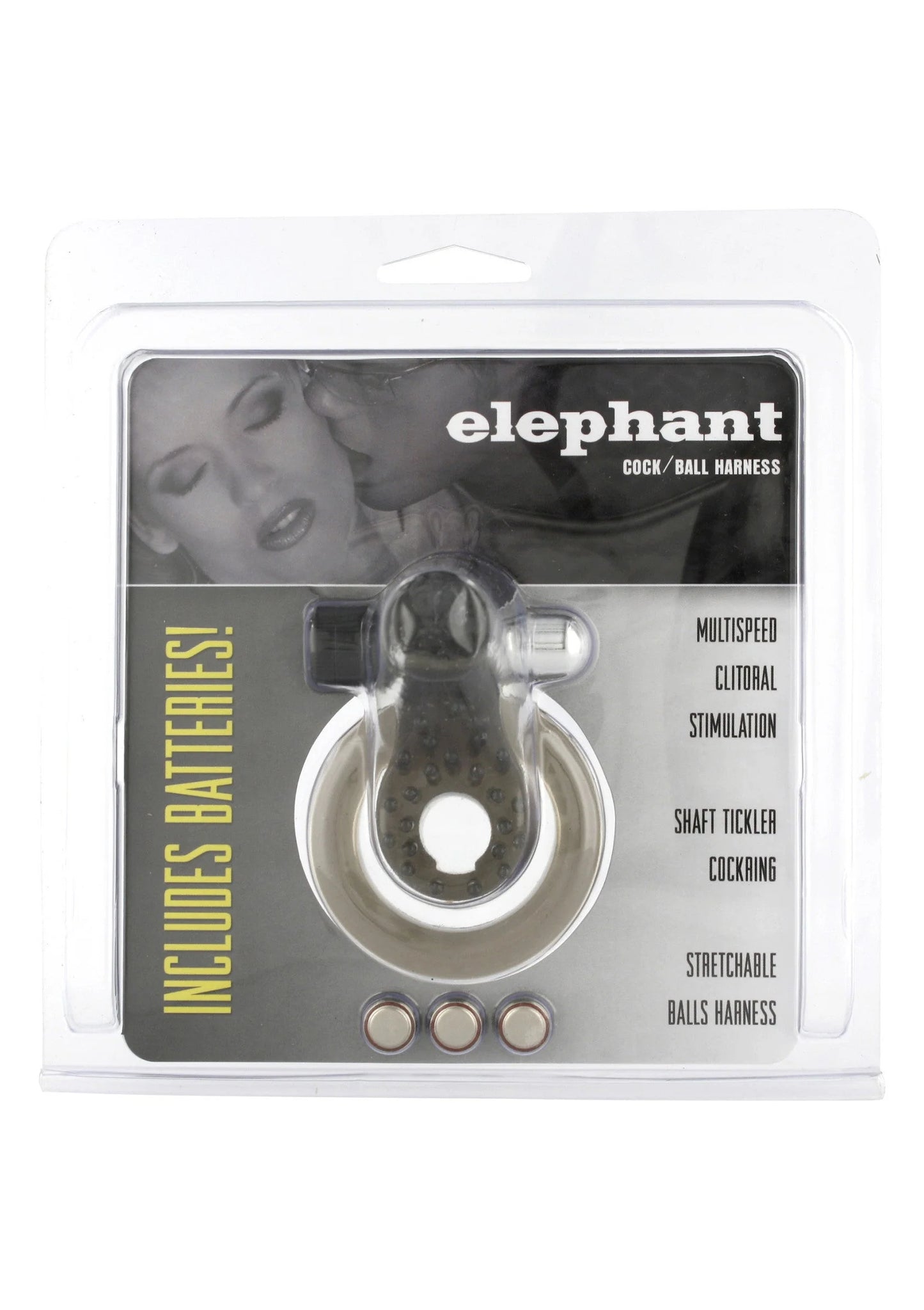 Blisterverpakking met olifant cock- en ballring, inclusief ring en montagehaakjes