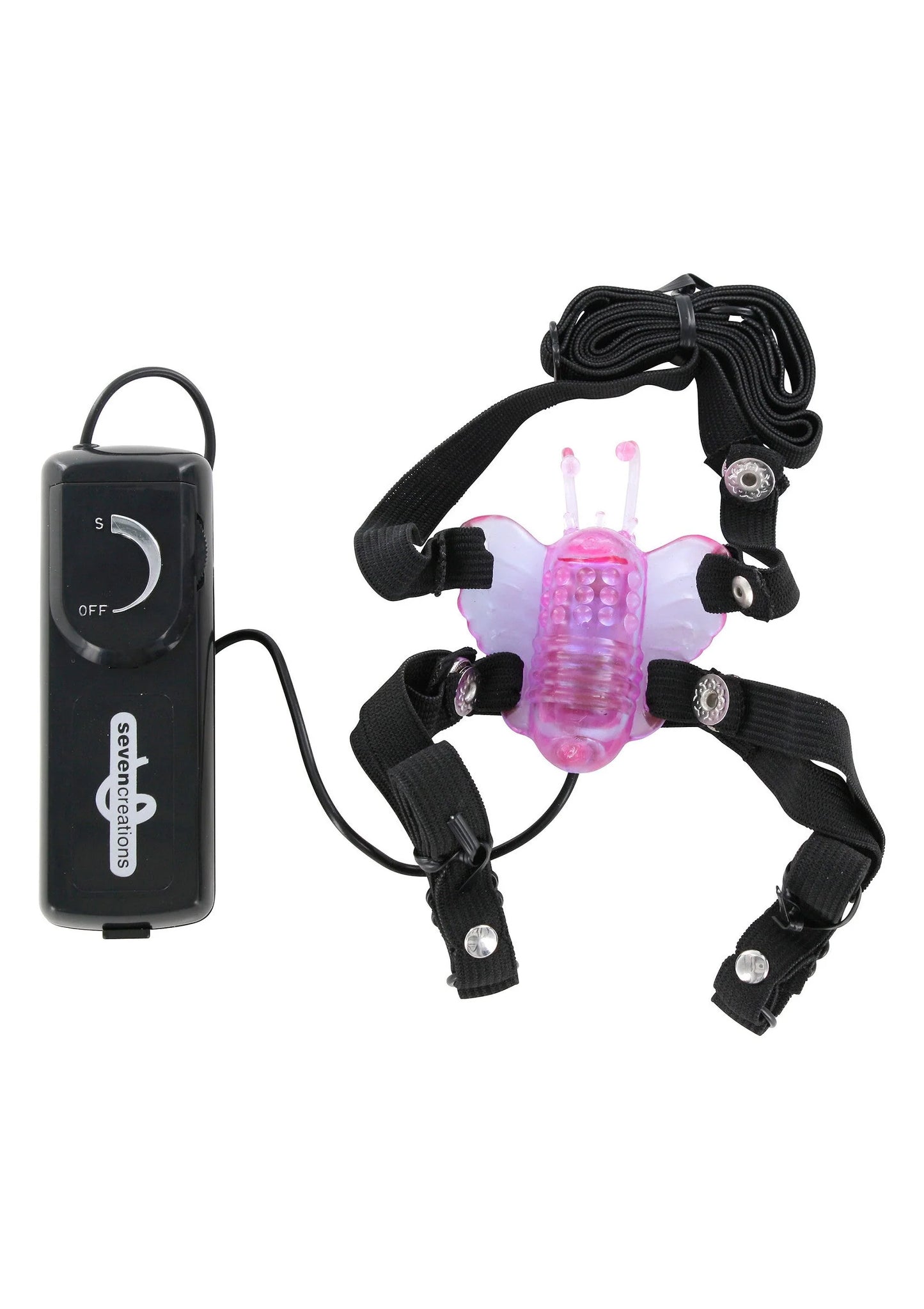 Vlinderstimulator met roze vlinderonderdeel en zwarte riemen met microafstandsbediening