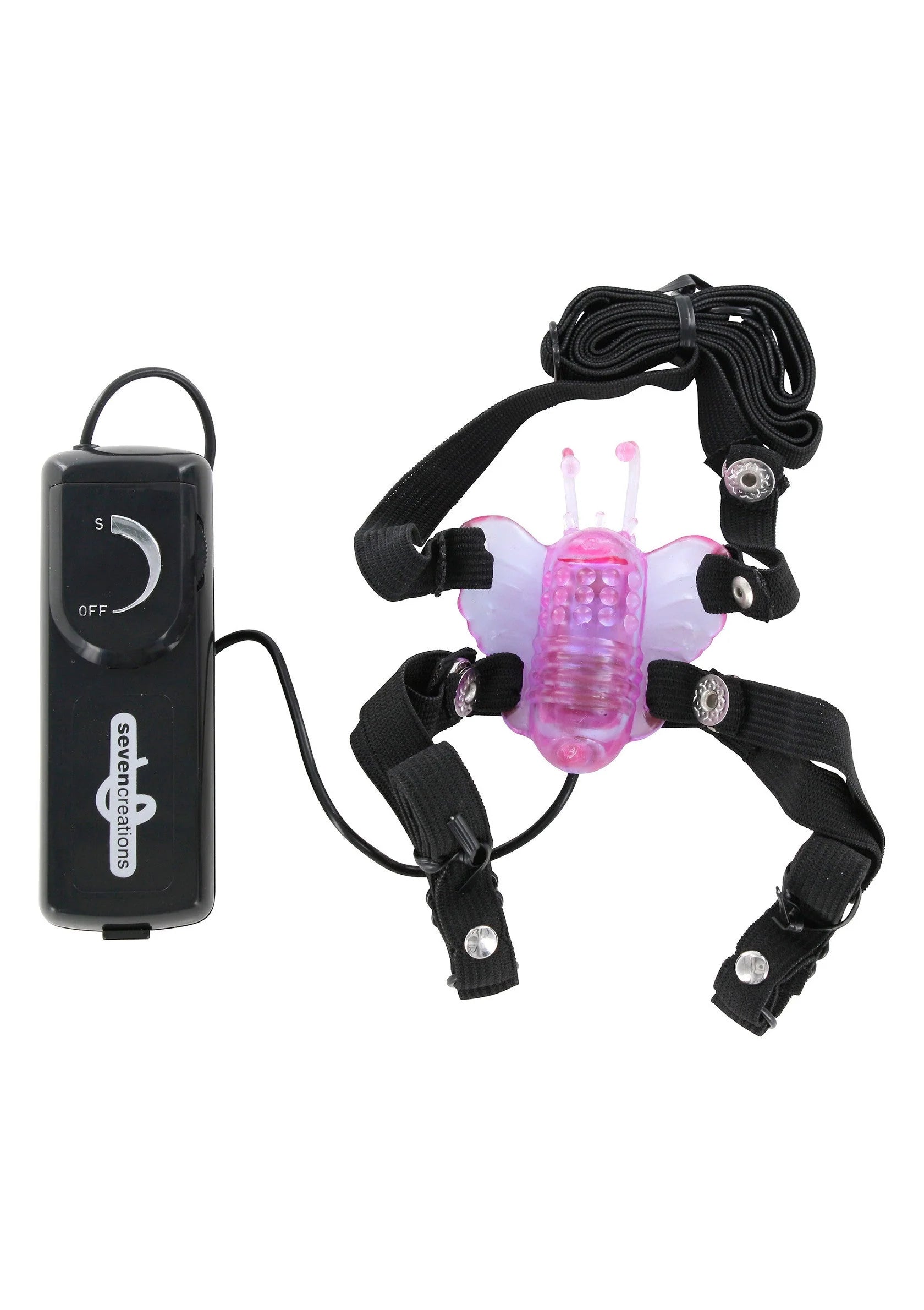 Vlinderstimulator met roze vlinderonderdeel en zwarte riemen met microafstandsbediening