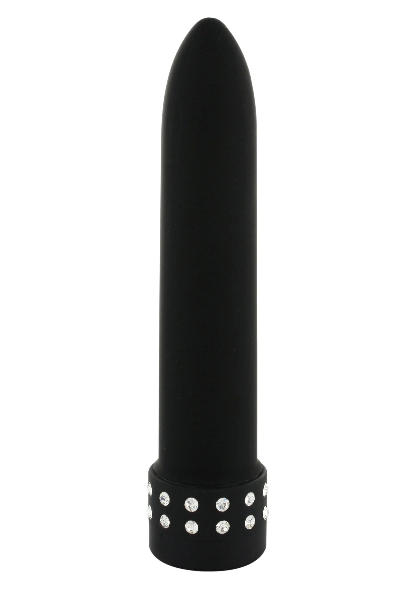 Zwarte bulletvibrator met glad ontwerp en steentjesring onderaan.