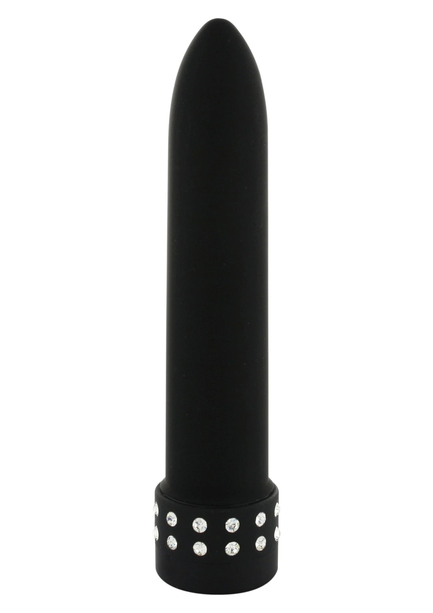Zwarte bulletvibrator met glad ontwerp en steentjesring onderaan.