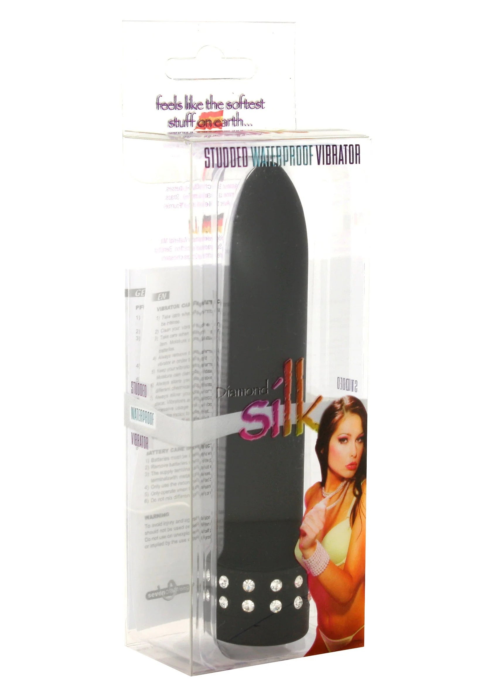 Verpakte zwarte bulletvibrator in doorzichtige doos met steentjesring onderaan.